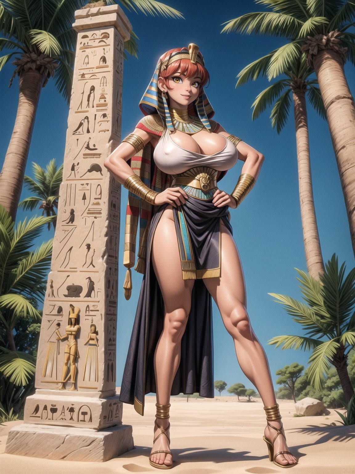 A woman, wearing Egyptian costume, white T-shirt, very short black skirt, golden jewelry, gigantic breasts, wearing appliqués in her hair, red hair, hair with bangs in front of her eyes, hair slick, (looking at the viewer), (((sensual pose+Interacting+leaning on anything+object+leaning against))), in an oasis in the Sahara desert at night with many stones, coconut trees,  bush, stone structures with Egyptian writing, 16K, UHD, ((full body)), unreal engine 5, quality max, max resolution, ultra-realistic, ultra-detailed, maximum sharpness, (perfect_hands:1.2), ((perfect_legs)), Goodhands-beta2, (((ancient Egypt, gigantic breasts))