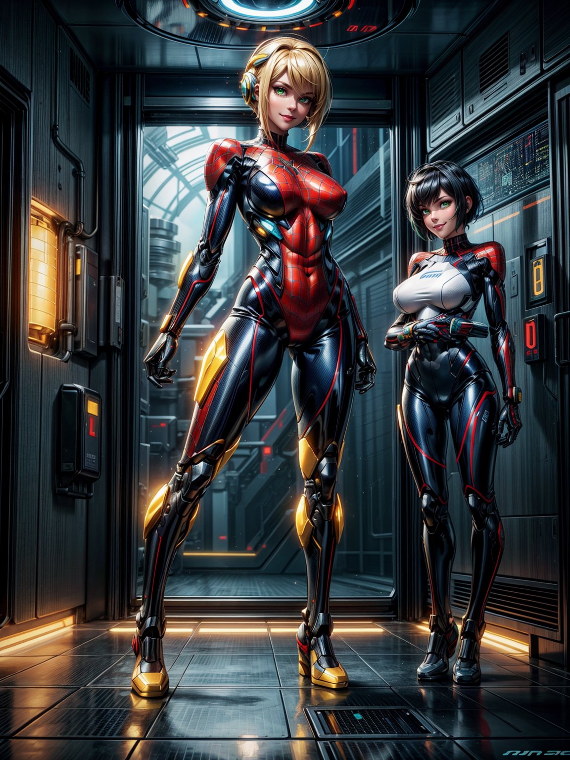 Just one woman, wearing mecha costume+Samus Aran costume+spider man costume, black with golden parts, gigantic breasts, multicolored hair, very short hair, straight hair, hair with bangs in front of the eyes, cybernetic helmet on the head, looking at the viewer, (((erotic pose interacting and leaning on something))), in a spaceship, with many machines,  robots, elevator, pipes with luminous water, window showing outer space, ((full body):1.5),16k, UHD, best possible quality, ((ultra detailed):1.2), best possible resolution, Unreal Engine 5, professional photography, perfect_hands