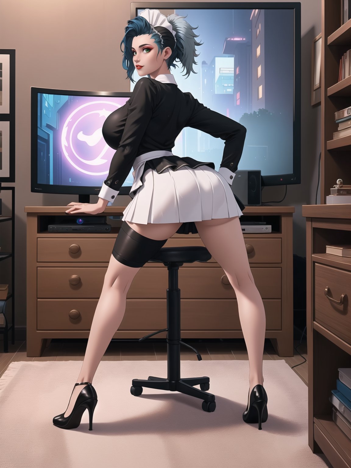 Solo woman, wearing maid's costume, all black with white parts, very short white skirt, gigantic breasts, mohawk hair, blue hair, messy hair, looking directly at the viewer, she is in a very large apartment, with furniture, computers, plasma TV, bed, glass table, chair, window, instant, 16k, UHD, best possible quality, ultra detailed,  best possible resolution, Unreal Engine 5, professional photography, she is, ((interaction and leaning on anything+object+on something+leaning against+sensual pose))+(full body:1.5), More detail, better_hands ,perfect