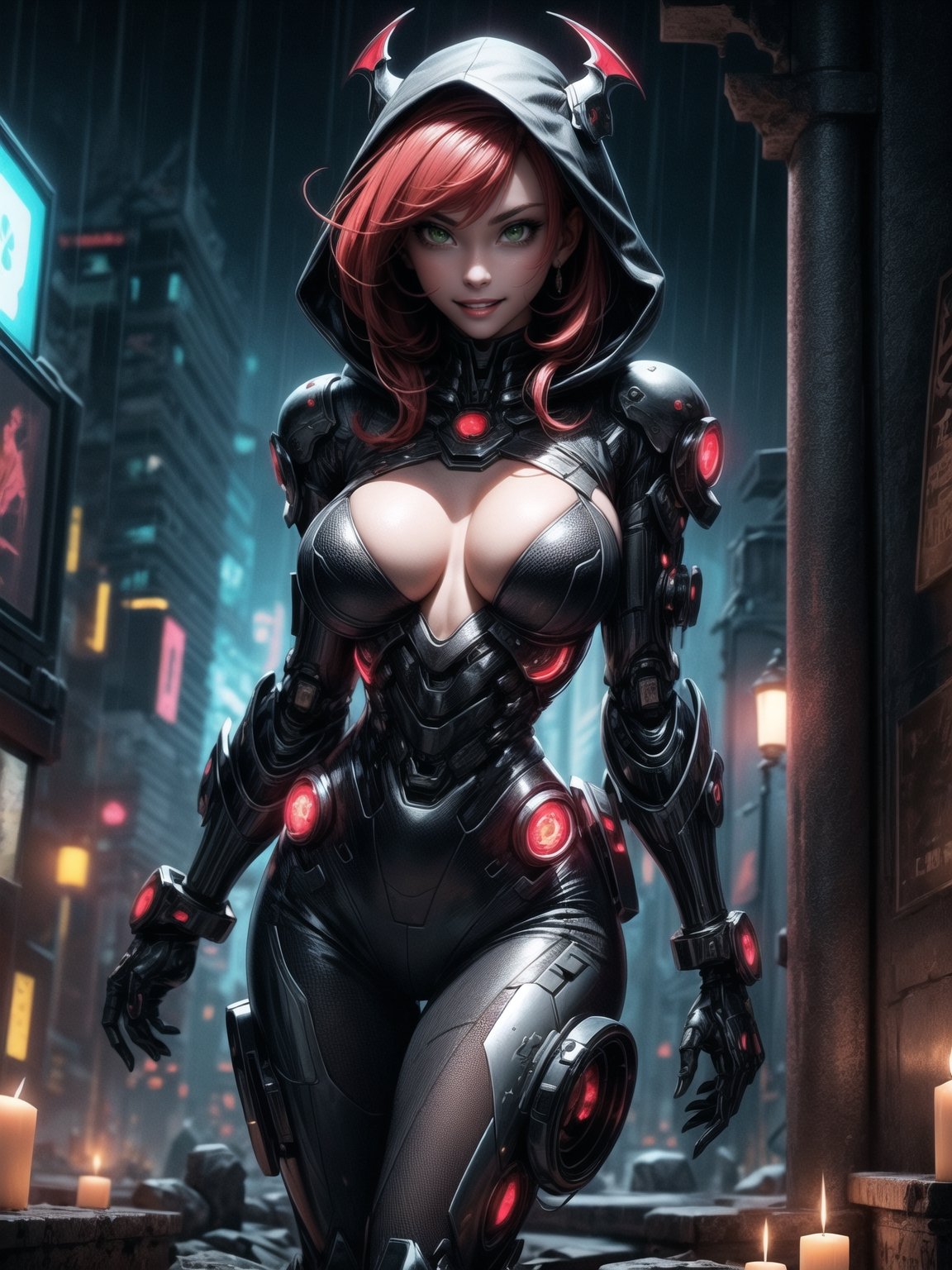 A vampire woman, wearing a black mecha suit with red parts + suit with circular lights + robotic armor, gigantic breasts, wearing a hood, red hair, hair with bangs in front of the eyes, straight hair, (looking at the viewer), (((sensual pose + Interacting + leaning on anything + object + leaning against))), in a futuristic cemetery at night raining, with many structures, tombstones, altars, coffins, candles illuminating the place, 16K, UHD, ((full body)), unreal engine 5, quality max, max resolution, ultra-realistic, ultra-detailed, maximum sharpness, (perfect_hands:1.2), ((perfect_legs)), Goodhands-beta2, ((cyberpunk, gigantic breasts, A vampire woman, wearing a hood))