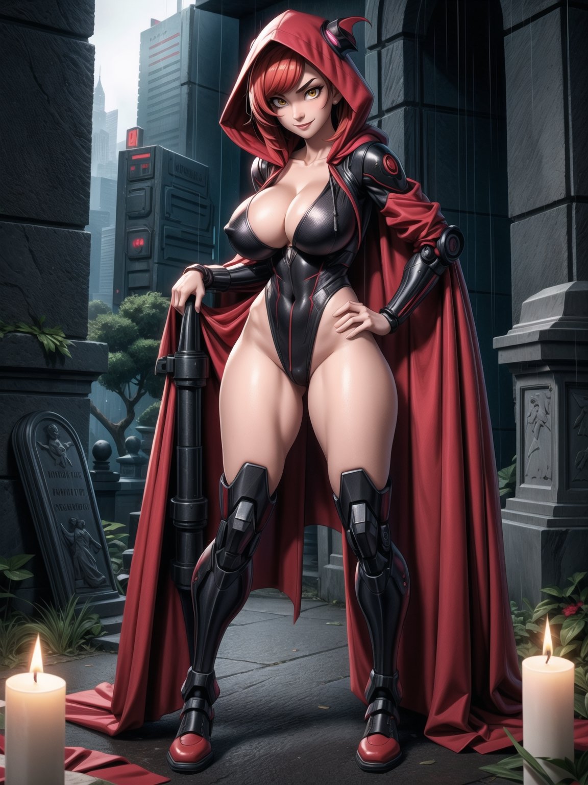 A vampire woman, wearing a black mecha suit with red parts+suit with circular lights+robotic armor, gigantic breasts, wearing a hood, very short hair, red hair, hair with bangs in front of the eyes, straight hair, (looking at the viewer), (((sensual pose+Interacting+leaning on anything+object+leaning against))), in a futuristic cemetery at night raining, with many structures, tombstones, altars, coffins, candles illuminating the place, 16K, UHD, (((full body))), unreal engine 5, quality max, max resolution, ultra-realistic, ultra-detailed, maximum sharpness, (perfect_hands:1), ((perfect_legs)), Goodhands-beta2, ((cyberpunk, gigantic breasts, A vampire woman, wearing a hood, extremely pale skin))