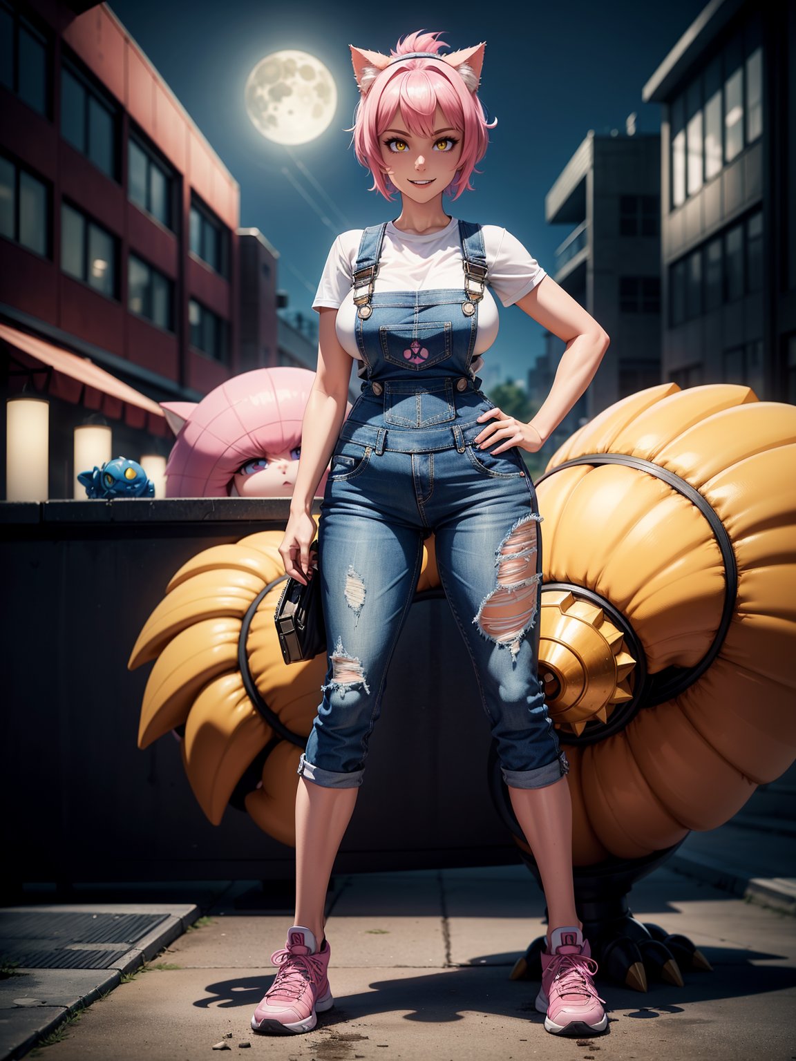 A woman, wearing blue overalls, white T-shirt, tight clothing, white sneakers, monstrously giant breasts, pink hair, short hair, hair with bangs in front of her eyes, (cat ears, with pink hair on her head), (((looking at the viewer, posing interacting and leaning [on something|on an object]))), in a digital city with many monsters, vehicles, machines, is at night, moon at top left, ((full body):1.5), 16k, UHD, best possible quality, ultra detailed, best possible resolution, Unreal Engine 5, professional photography, well-detailed fingers, well-detailed hand, perfect_hands, ((super metroid)) + ((Digimon))