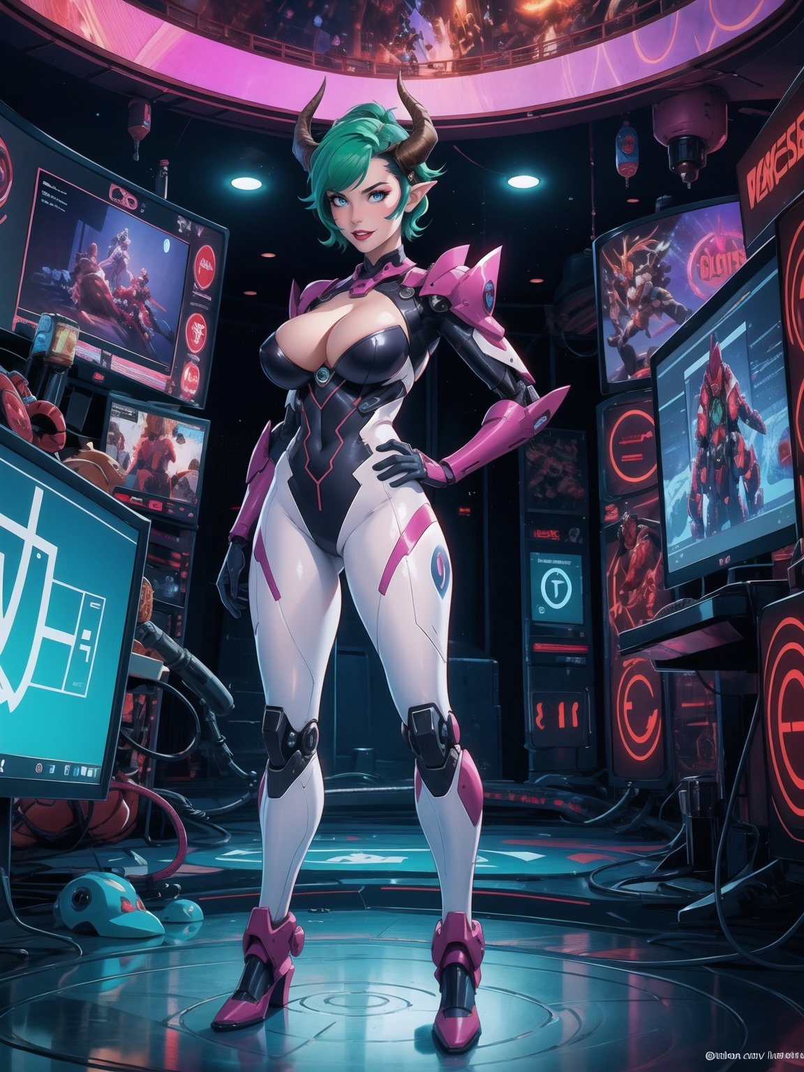 (A demon woman),  wearing mecha+cybernetic armor+latex suit+all-white suit with red parts,  costumes with lights attached...