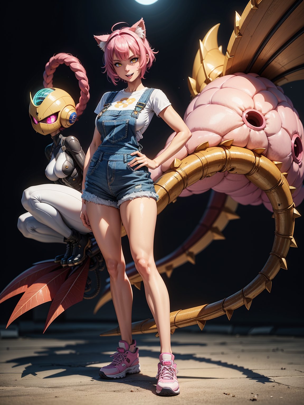 A woman, wearing blue overalls, white T-shirt, tight clothing, white sneakers, monstrously giant breasts, pink hair, short hair, hair with bangs in front of her eyes, (cat ears, with pink hair on her head), (((looking at the viewer, posing interacting and leaning [on something|on an object]))), in a digital city with many monsters, vehicles, machines, is at night, moon at top left, ((full body):1.5), 16k, UHD, best possible quality, ultra detailed, best possible resolution, Unreal Engine 5, professional photography, well-detailed fingers, well-detailed hand, perfect_hands, ((super metroid)) + ((Digimon))