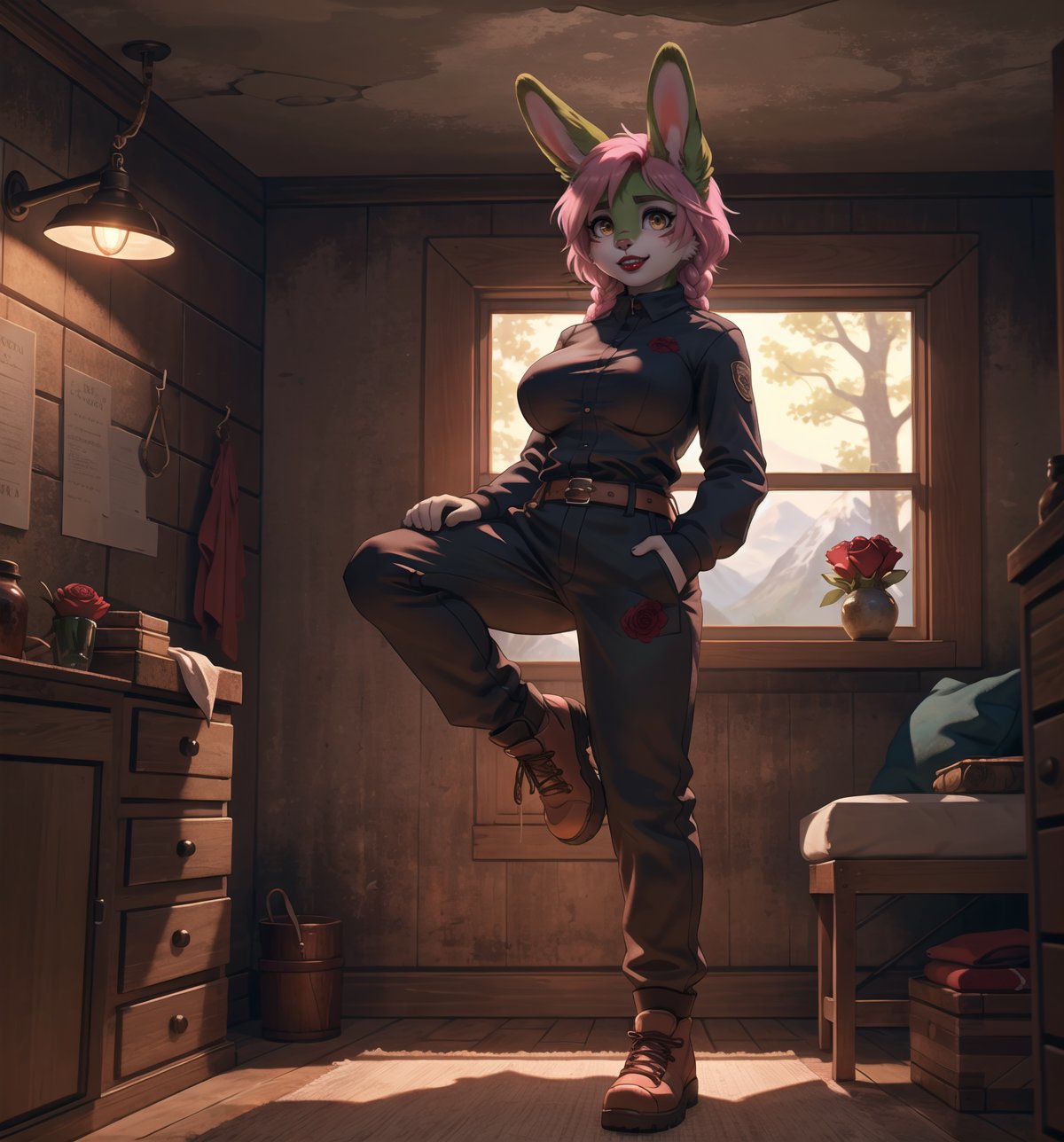 An adventure and exploration masterpiece, rendered in ultra-detailed 8K with vibrant, realistic details. | Rose, a young 23-year-old rabbit woman with ((green fur)), is dressed in a climbing outfit consisting of a long-sleeved shirt, sweatpants, mountain boots, gloves, belt with pockets, rope and a helmet. Her ((short pink hair)) is styled in a modern and stylish cut with tousled braids. ((She has golden eyes, looking at the viewer while smiling and showing her teeth, wearing red lipstick)). She is in a macabre, dark cave, with rock, wooden and metallic structures. The treasure chests and lamps on the walls add to the mysterious and spooky atmosphere of the place. The light from the lamps illuminates the room, creating ominous shadows on the walls. | The image highlights Rose's athletic figure and the architectural elements of the macabre cave. The rock, wooden and metal structures, along with the treasure chests and lamps on the walls, create a mysterious and frightening environment. The ominous shadows on the walls highlight the tension and fear in the scene. | Soft, shadowy lighting effects create a tense, fear-filled atmosphere, while rough, detailed textures on structures and clothing add realism to the image. | A terrifying scene of a young rabbit woman explorer in a macabre cave, exploring themes of adventure, exploration and fear. |  (((The image reveals a full-body shot as Rose assumes a sensual pose, engagingly leaning against a structure within the scene in an exciting manner. She takes on a sensual pose as she interacts, boldly leaning on a structure, leaning back and boldly throwing herself onto the structure, reclining back in an exhilarating way.))). | ((((full-body shot)))), ((perfect pose)), ((perfect arms):1.2), ((perfect limbs, perfect fingers, better hands, perfect hands, hands)), ((perfect legs, perfect feet):1.2), ((huge breasts)), ((perfect design)), ((perfect composition)), ((very detailed scene, very detailed background, perfect layout, correct imperfections)), Enhance, Ultra details++, More Detail, poakl