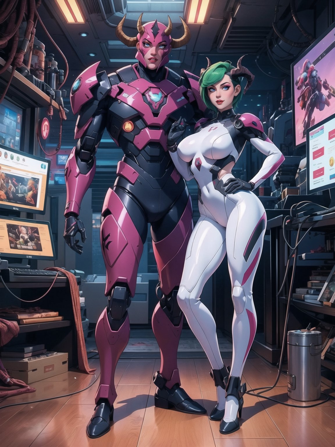(A demon woman),  wearing mecha+cybernetic armor+latex suit+all-white suit with red parts,  costumes with lights attached...