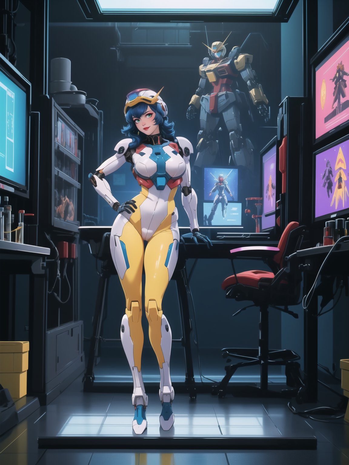 Solo woman, wearing mecha Suit+Gundam suit+cybernetic armor all white+parts in red+yellow, very tight body suit, wearing (robotic helmet with transparent color display, gigantic breasts), mohawk hair, blue hair, messy hair, ((looking directly at the viewer)), she is in a futuristic laboratory, with many machines with living beings inside, being shown by a display, computers, table with chair streaming, video games, window showing the city at night, (full body:1.5), 16k, UHD, super metroid, mecha, gundam, Unreal Engine 5, professional photography, she is doing, (((sensual pose with interaction and leaning on anything+object+on something+leaning against))), More detail, better_hands,