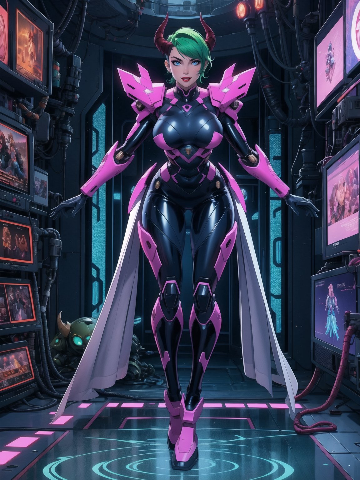(A demon woman),  wearing mecha+cybernetic armor+latex suit+all-white suit with red parts,  costumes with lights attached...