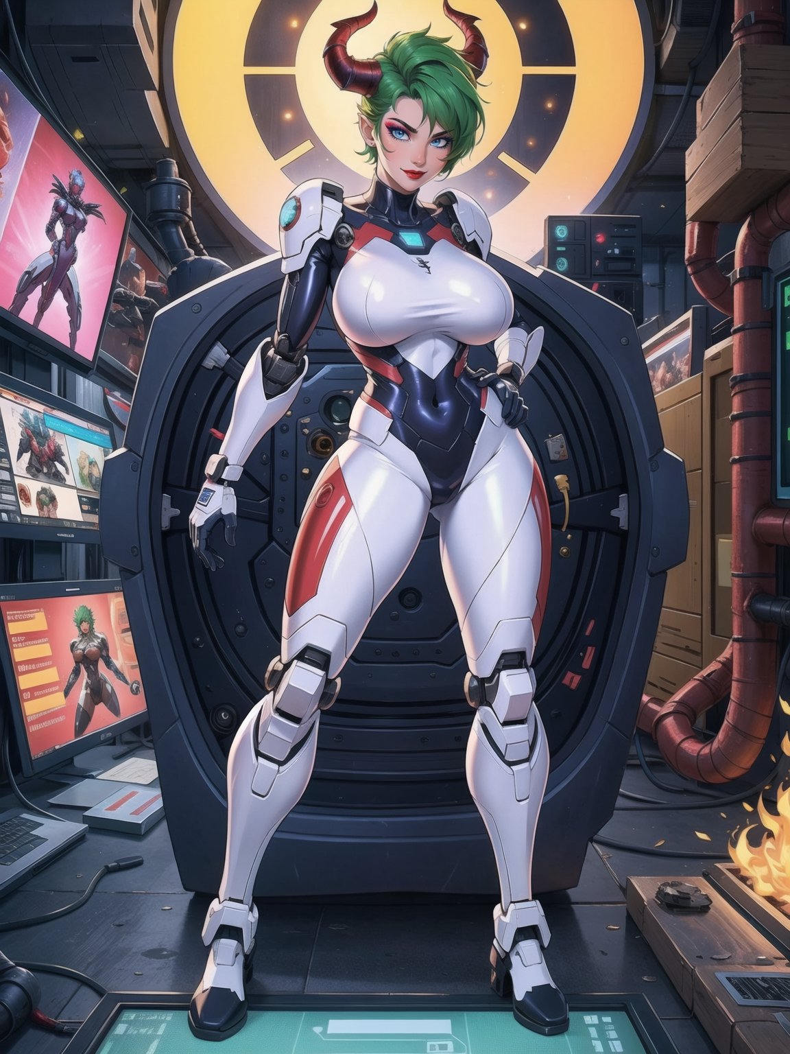 (A demon woman),  wearing mecha+cybernetic armor+latex suit+all-white suit with red parts,  costumes with lights attached...