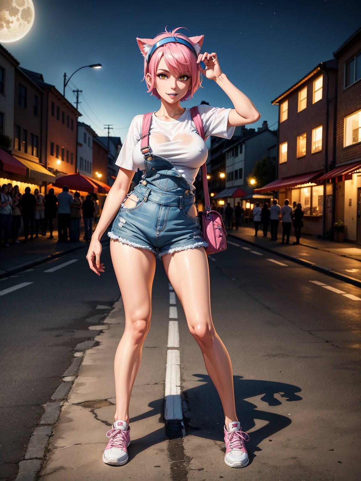 A woman, wearing blue overalls, white T-shirt, tight clothing, white sneakers, monstrously giant breasts, pink hair, short hair, hair with bangs in front of her eyes, (cat ears, with pink hair on her head), (((looking at the viewer, posing interacting and leaning [on something|on an object]))), in a digital city with many monsters, vehicles, machines, is at night, moon at top left, ((full body):1.5), 16k, UHD, best possible quality, ultra detailed, best possible resolution, Unreal Engine 5, professional photography, well-detailed fingers, well-detailed hand, perfect_hands,  ((Digimon))