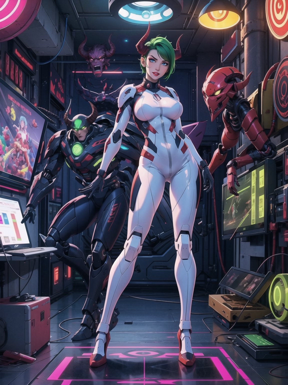 (A demon woman),  wearing mecha+cybernetic armor+latex suit+all-white suit with red parts,  costumes with lights attached...