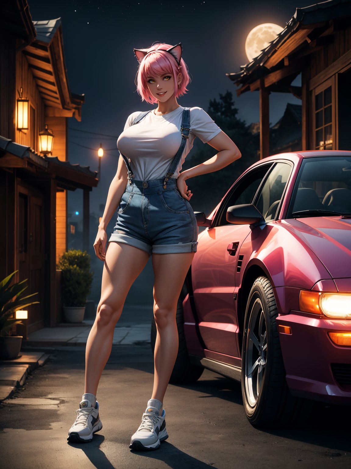 A woman, wearing blue overalls, white T-shirt, tight clothing, white sneakers, monstrously giant breasts, pink hair, short hair, hair with bangs in front of her eyes, (cat ears, with pink hair on her head), (((looking at the viewer, posing interacting and leaning [on something|on an object]))), in front of the entrance of a wooden house with many structures,  vehicles, machines, is at night, moon at top left, ((full body):1.5), 16k, UHD, best possible quality, ultra detailed, best possible resolution, Unreal Engine 5, professional photography, well-detailed fingers, well-detailed hand, perfect_hands, ((super metroid)) + ((batman))