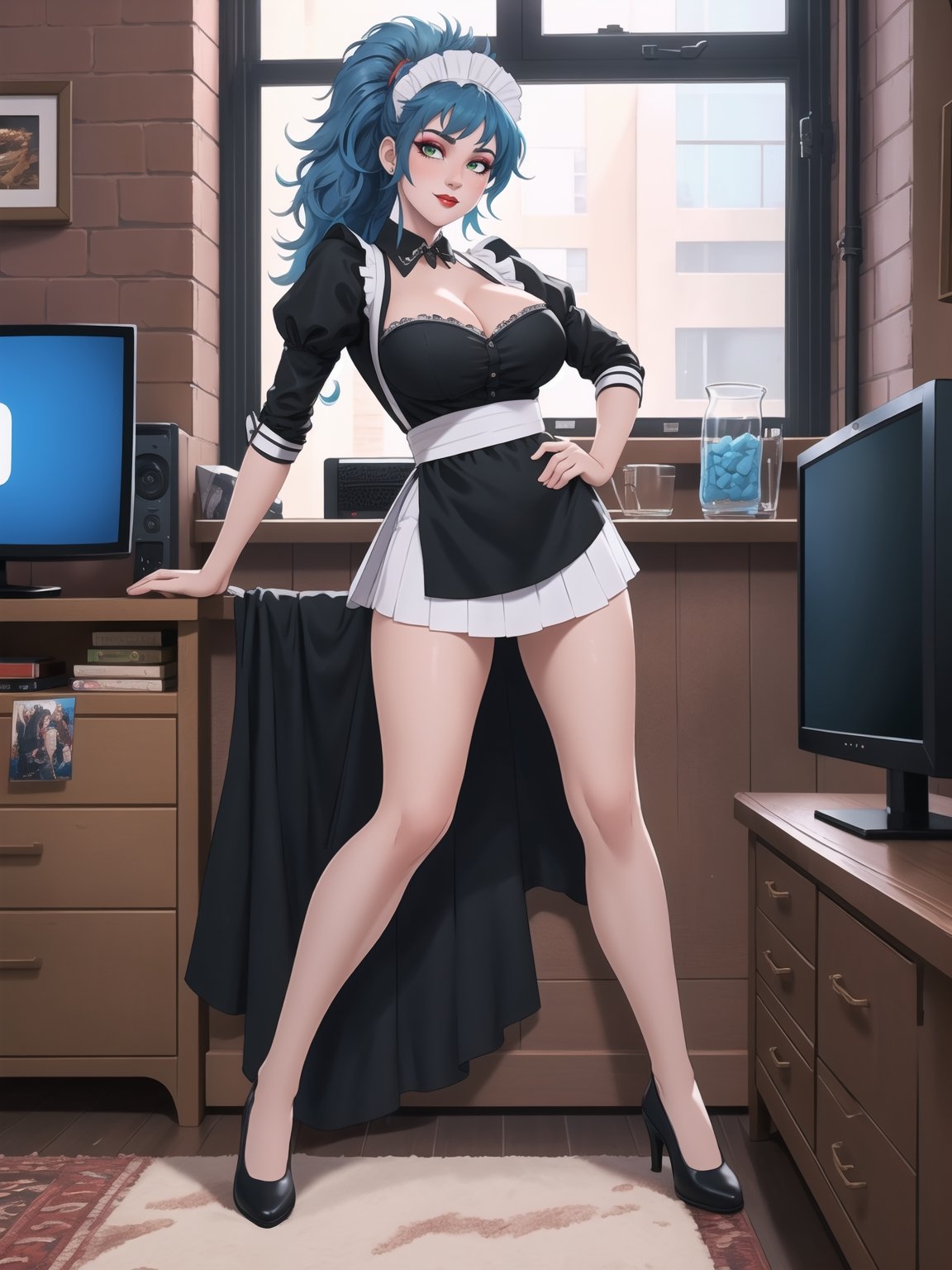 Solo woman, wearing maid's costume, all black with white parts, very short white skirt, gigantic breasts, mohawk hair, blue hair, messy hair, looking directly at the viewer, she is in a very large apartment, with furniture, computers, plasma TV, bed, glass table, chair, window, instant, 16k, UHD, best possible quality, ultra detailed,  best possible resolution, Unreal Engine 5, professional photography, she is, ((interaction and leaning on anything+object+on something+leaning against+sensual pose))+(full body:1.3), More detail, better_hands ,perfect