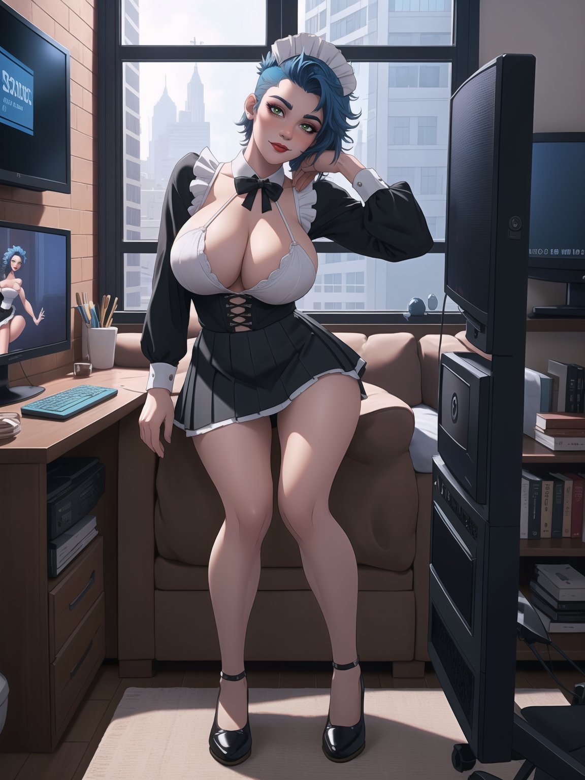 Solo woman, wearing maid's costume, all black with white parts, very short white skirt, gigantic breasts, mohawk hair, blue hair, messy hair, looking directly at the viewer, she is in a very large apartment, with furniture, computers, plasma TV, bed, glass table, chair, window, instant, 16k, UHD, best possible quality, ultra detailed,  best possible resolution, Unreal Engine 5, professional photography, she's posing sensually ((sensual pose with interaction and leaning on anything+object+on something+leaning against+full body)), More detail, better_hands,