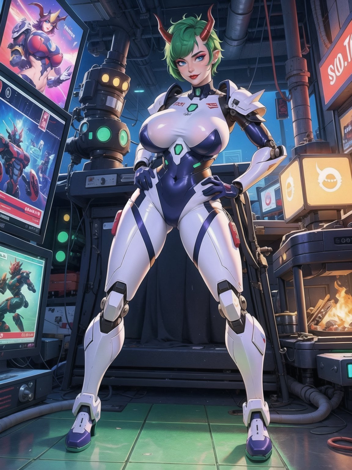 A woman,  wearing mecha suit+cybernetic armor+latex suit,  all-white suit with red parts by Banker on Tensor.Art