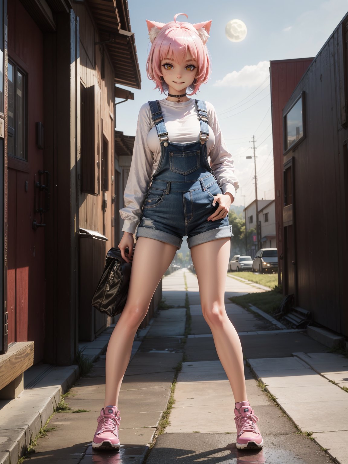 A woman, wearing blue overalls, white T-shirt, tight clothing, white sneakers, monstrously giant breasts, pink hair, short hair, hair with bangs in front of her eyes, (cat ears, with pink hair on her head), (((looking at the viewer, posing interacting and leaning [on something|on an object]))), in a digital city with many monsters, vehicles, machines, is at night, moon at top left, ((full body):1.5), 16k, UHD, best possible quality, ultra detailed, best possible resolution, Unreal Engine 5, professional photography, well-detailed fingers, well-detailed hand, perfect_hands,  ((Digimon))