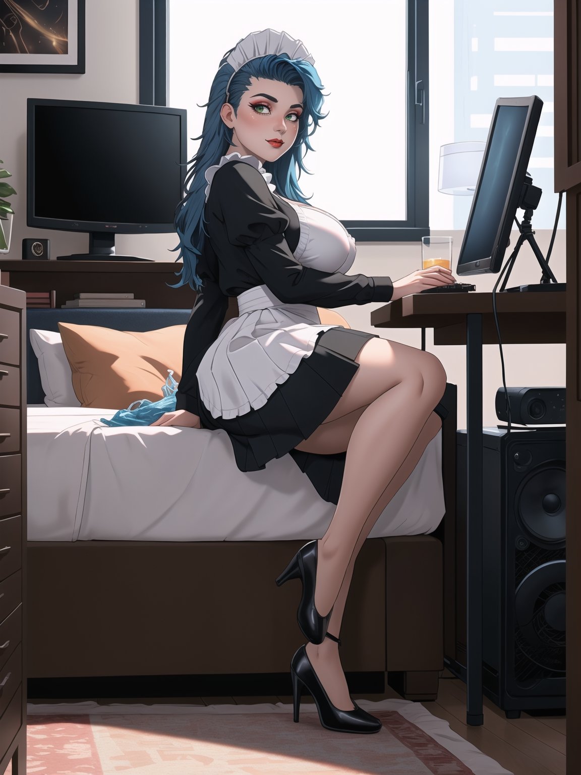 Solo woman, wearing maid's costume, all black with white parts, very short white skirt, gigantic breasts, mohawk hair, blue hair, messy hair, looking directly at the viewer, she is in a very large apartment, with furniture, computers, plasma TV, bed, glass table, chair, window, instant, 16k, UHD, best possible quality, ultra detailed,  best possible resolution, Unreal Engine 5, professional photography, she is, ((interaction and leaning on anything+object+on something+leaning against+sensual pose))+(full body:1.3), More detail, better_hands ,perfect