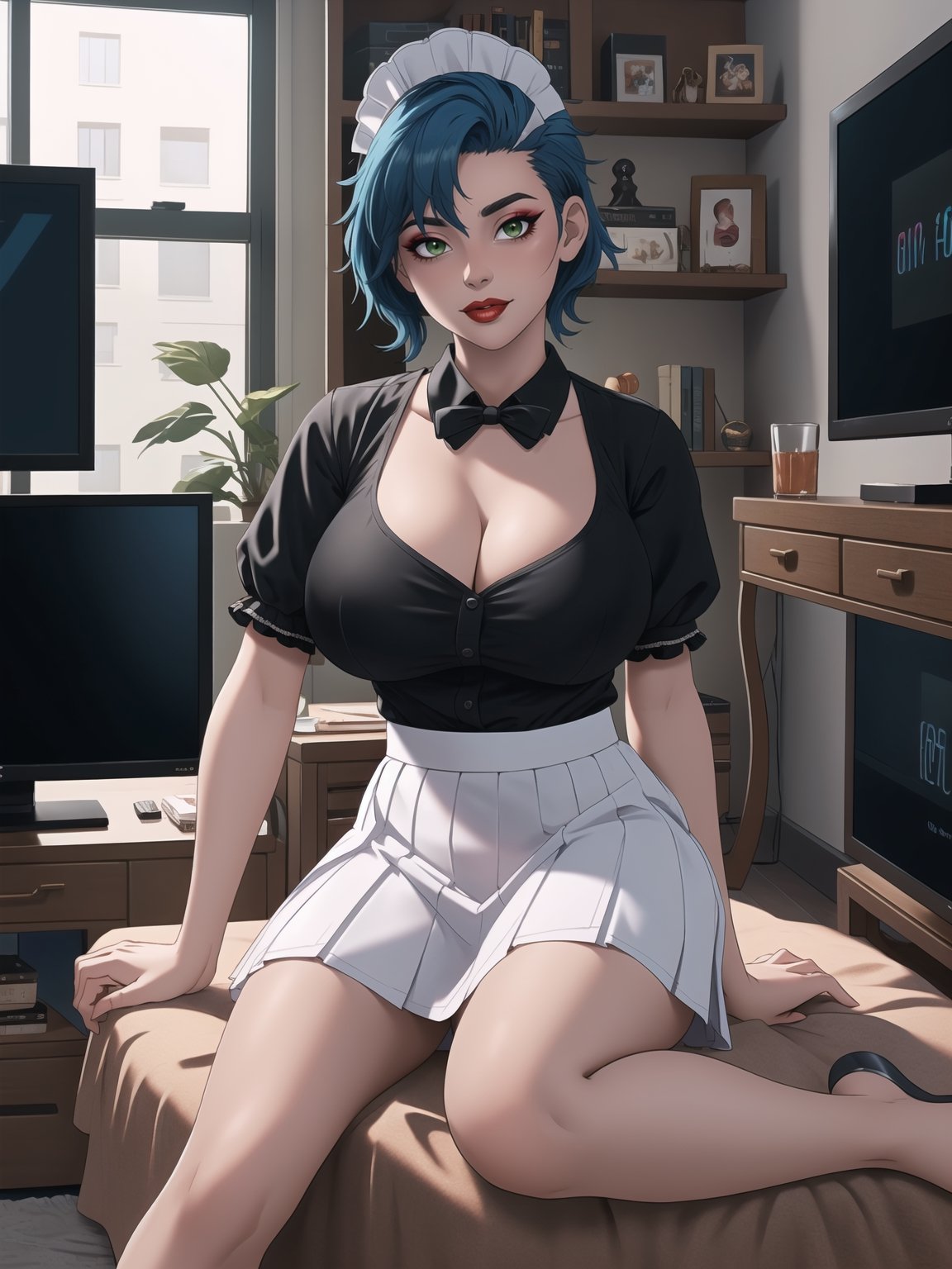 Solo woman, wearing maid's costume, all black with white parts, very short white skirt, gigantic breasts, mohawk hair, blue hair, messy hair, looking directly at the viewer, she is in a very large apartment, with furniture, computers, plasma TV, bed, glass table, chair, window, instant, 16k, UHD, best possible quality, ultra detailed,  best possible resolution, Unreal Engine 5, professional photography, she is, ((interaction and leaning on anything+object+on something+leaning against+sensual pose))+(full body:1.2), More detail, better_hands ,perfect