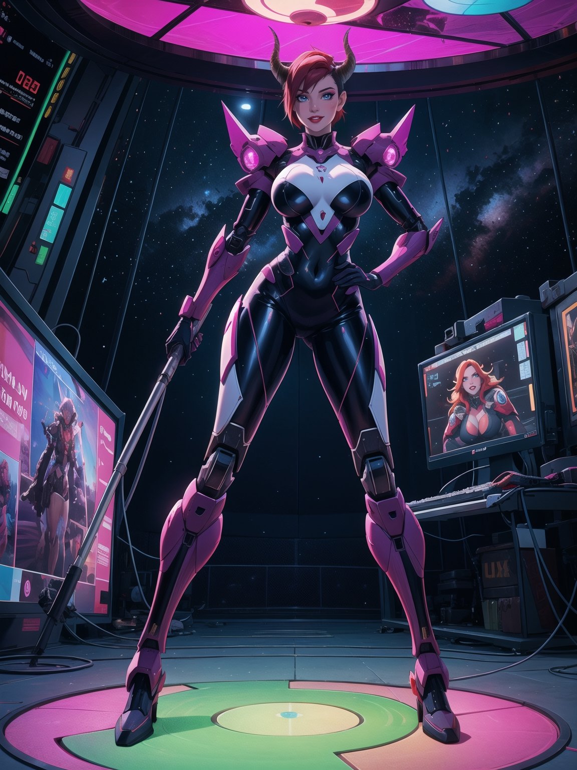 (A demon woman),  wearing mecha+cybernetic armor+latex suit+all-white suit with red parts,  costumes with lights attached...