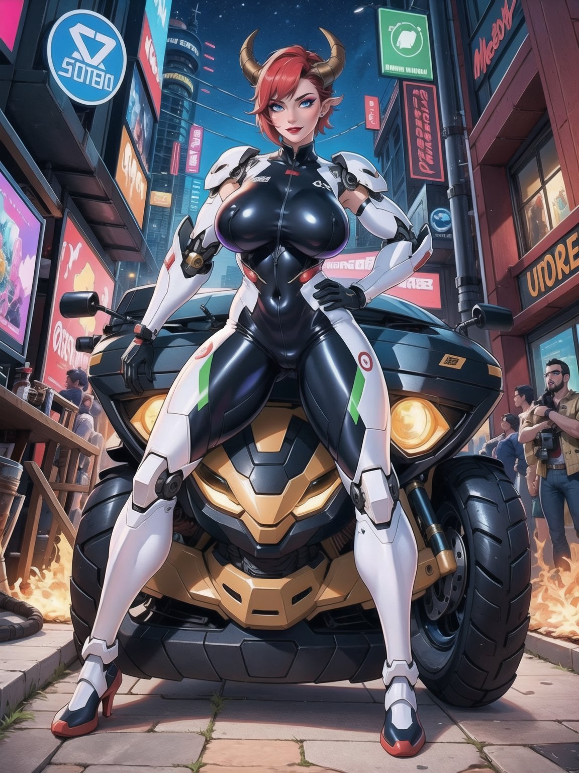 A woman,  wearing mecha suit+cybernetic armor+latex suit,  all-white suit with red parts by Banker on Tensor.Art