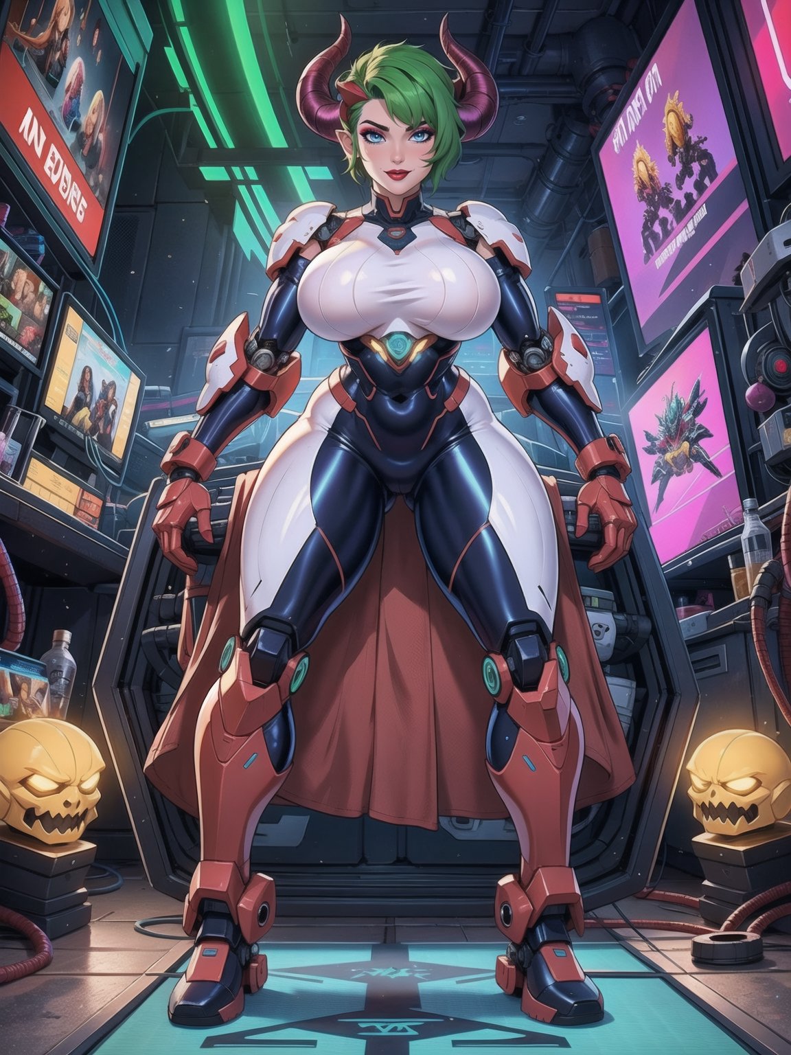 (A demon woman),  wearing mecha+cybernetic armor+latex suit+all-white suit with red parts,  costumes with lights attached...