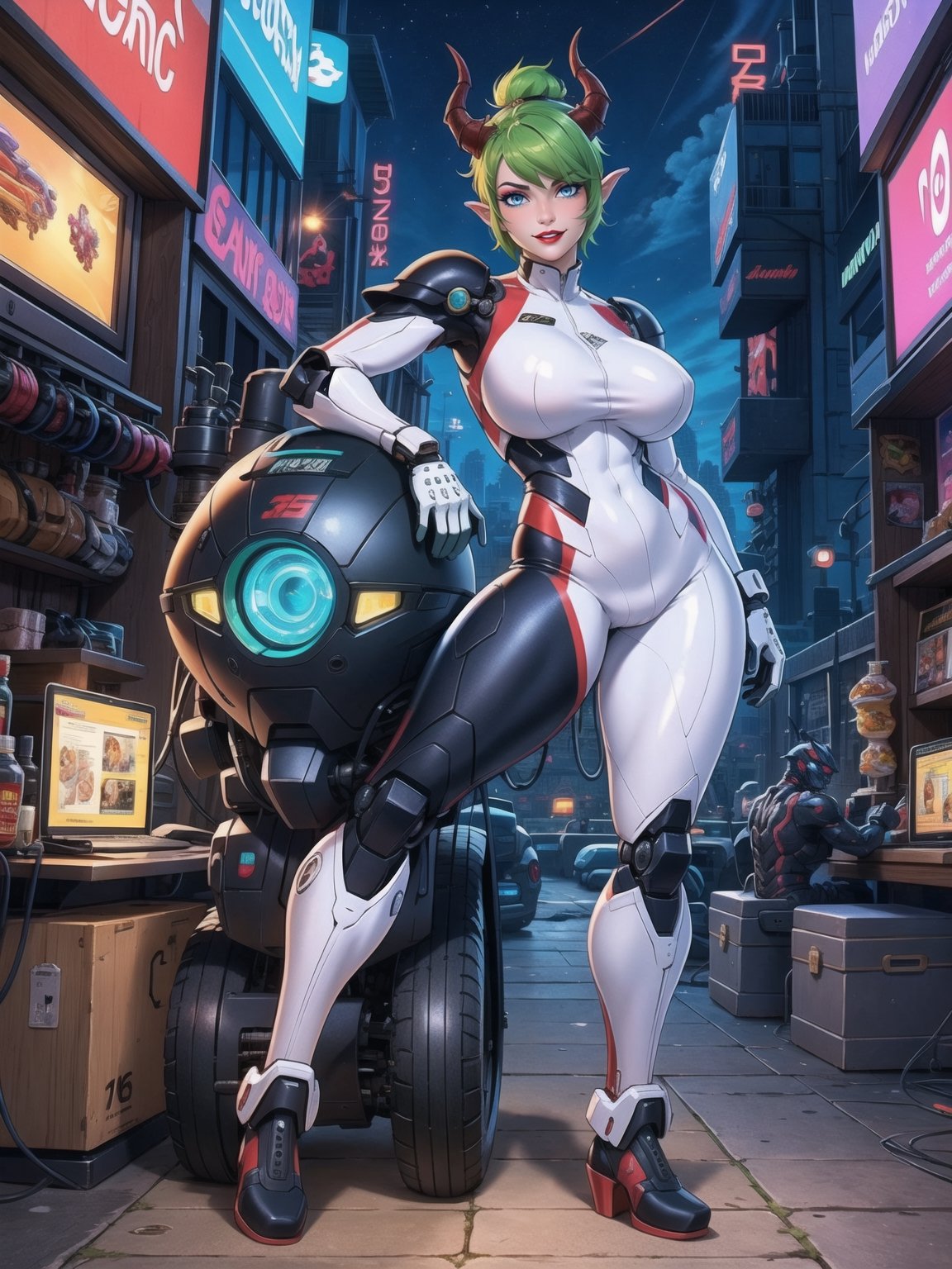 (A demon woman),  wearing mecha+cybernetic armor+latex suit+all-white suit with red parts,  costumes with lights attached...