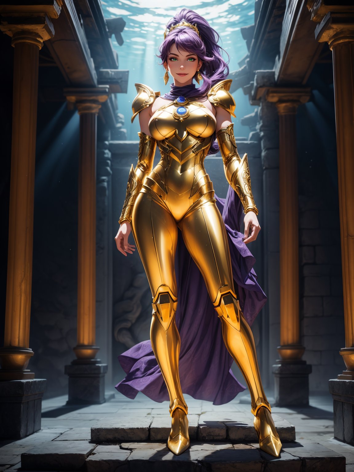 A woman, wearing gold armor+robotic suit covering her entire body, extremely large breasts, purple hair, short hair, hair with ponytail, hair with bangs covering the eye, helmet on the head, helmet on the head, (((staring at the viewer, pose interacting and leaning [on something|on an object]))), in the underwater temple of Poseidon, with many structures, altars, figurines, seabed with various structures, ((full body):1.5), 16k, UHD, best possible quality, ultra detailed, best possible resolution, Unreal Engine 5, professional photography, well-detailed fingers, well-detailed hand, perfect_hands, ((saint seiya - Mu of aries)) 