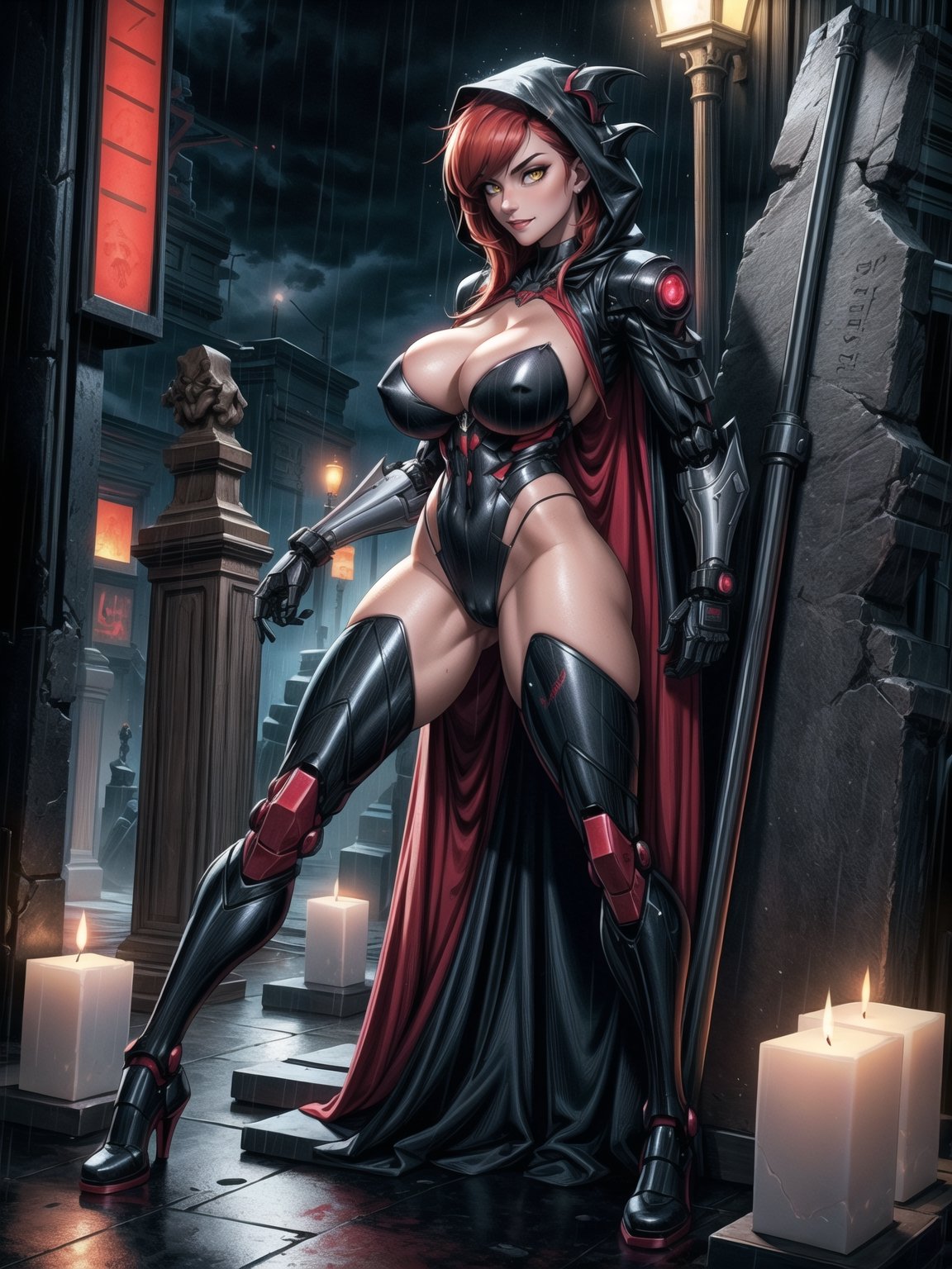 A vampire woman, wearing a black mecha suit with red parts + suit with circular lights + robotic armor, gigantic breasts, wearing a hood, red hair, hair with bangs in front of the eyes, straight hair, (looking at the viewer), (((sensual pose + Interacting + leaning on anything + object + leaning against))), in a futuristic cemetery at night raining, with many structures, tombstones, altars, coffins, candles illuminating the place, 16K, UHD, ((full body)), unreal engine 5, quality max, max resolution, ultra-realistic, ultra-detailed, maximum sharpness, (perfect_hands:1.2), ((perfect_legs)), Goodhands-beta2, ((cyberpunk, gigantic breasts, A vampire woman, wearing a hood))