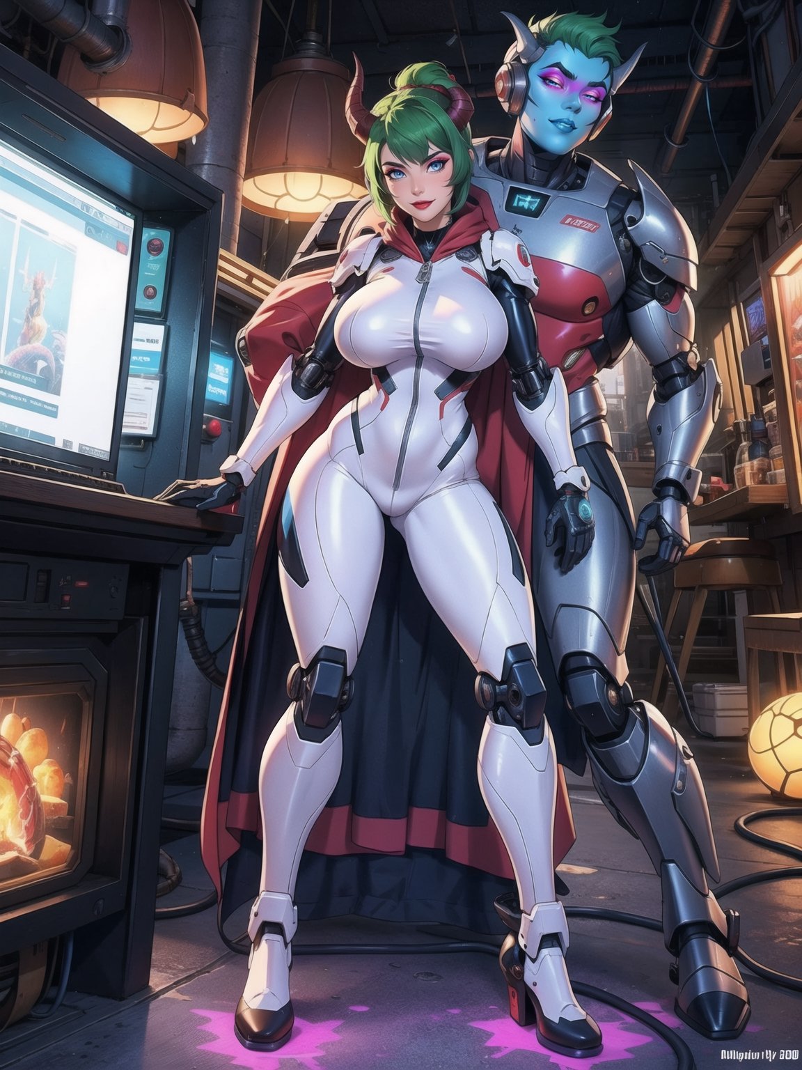 (A demon woman),  wearing mecha+cybernetic armor+latex suit+all-white suit with red parts,  costumes with lights attached...