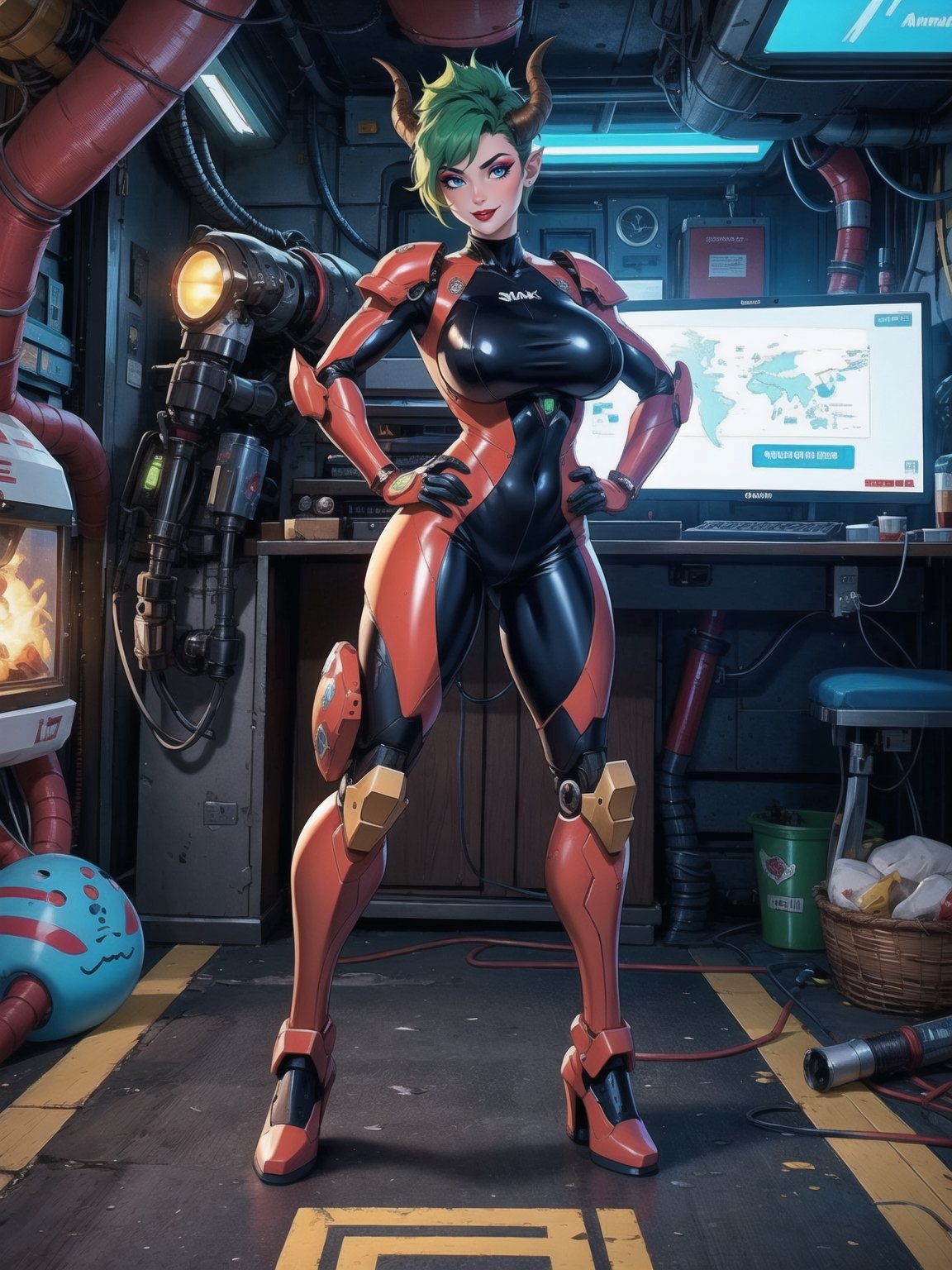 (A demon woman),  wearing mecha+cybernetic armor+latex suit+all-white suit with red parts,  costumes with lights attached...