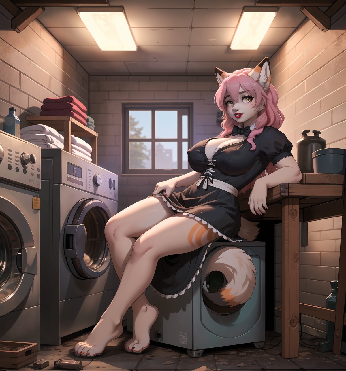 An ultra-detailed 16K masterpiece in Horror and Gothic styles, rendered in ultra-high resolution with extraordinary detail. | Ana, a young 23-year-old fox woman, is dressed in a maid uniform, consisting of a black skirt, white blouse and white apron. Her pink hair is short and disheveled, with a modern and stylish cut. ((Her golden eyes are looking at the viewer, smiling and showing her teeth, with red lipstick on her lips)). She is in a filthy basement, with dirt, mud, concrete structures, wooden structures, machines and computers all around. A washing machine, a work table and a shelf full of tools adorn the scene. | The image highlights Ana's imposing figure and the horror elements of the basement. The dirt, mud, concrete structures, wooden structures, machines and computers, along with the washing machine, work table and shelf full of tools, create a frightening and uncomfortable environment. The shadows created by the basement lights highlight the details of the scene and create a mysterious atmosphere. | Soft, shadowy lighting effects create a tense, fear-filled atmosphere, while detailed textures on skin, clothing, and structures add realism to the image. | Ana, a maid in a filthy basement, exploring themes of horror, mystery and fear. | (((The image reveals a full-body shot as Ana assumes a sensual pose, engagingly leaning against a structure within the scene in an exciting manner. She takes on a sensual pose as she interacts, boldly leaning on a structure, leaning back and boldly throwing herself onto the structure, reclining back in an exhilarating way.))). | ((((full-body shot)))), ((perfect pose)), ((perfect arms):1.2), ((perfect limbs, perfect fingers, better hands, perfect hands, hands)), ((perfect legs, perfect feet):1.2), ((huge breasts))++, ((perfect design)), ((perfect composition)), ((very detailed scene, very detailed background, perfect layout, correct imperfections)), Enhance, Ultra details++, More Detail, poakl