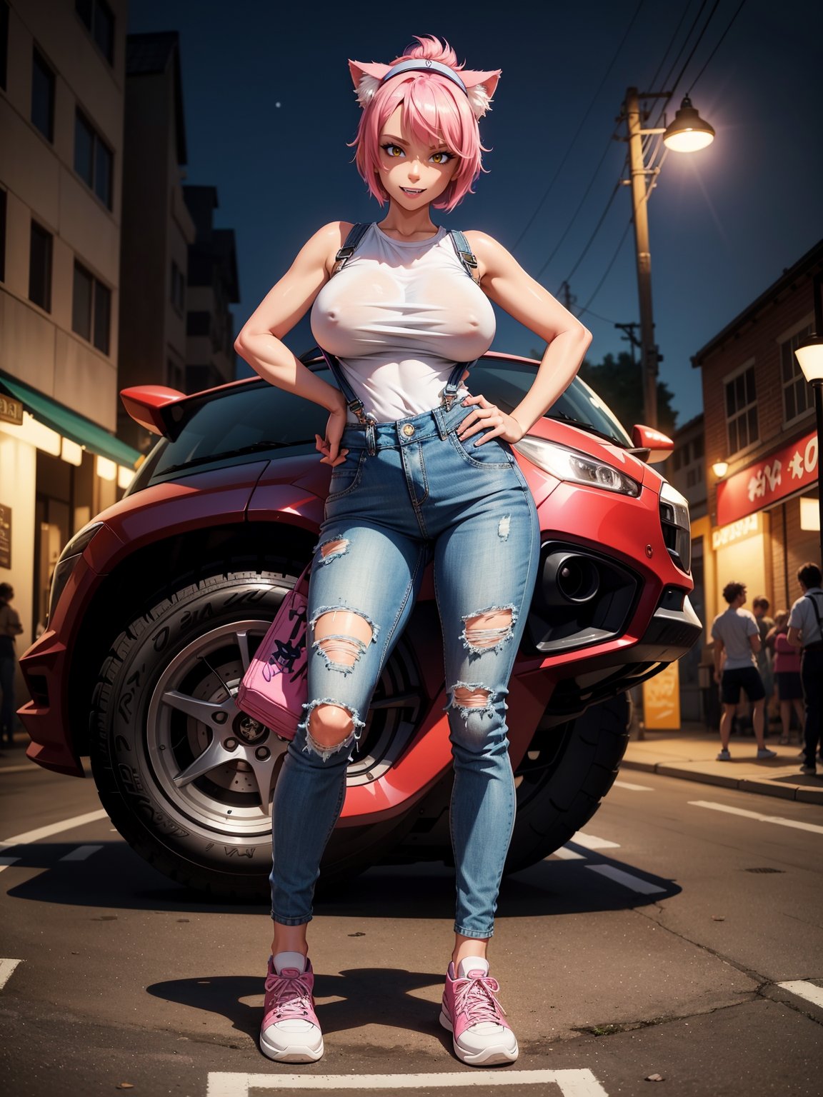 A woman, wearing blue overalls, white T-shirt, tight clothing, white sneakers, monstrously giant breasts, pink hair, short hair, hair with bangs in front of her eyes, (cat ears, with pink hair on her head), (((looking at the viewer, posing interacting and leaning [on something|on an object]))), in a digital city with many monsters, vehicles, machines, is at night, moon at top left, ((full body):1.5), 16k, UHD, best possible quality, ultra detailed, best possible resolution, Unreal Engine 5, professional photography, well-detailed fingers, well-detailed hand, perfect_hands,  ((Digimon))