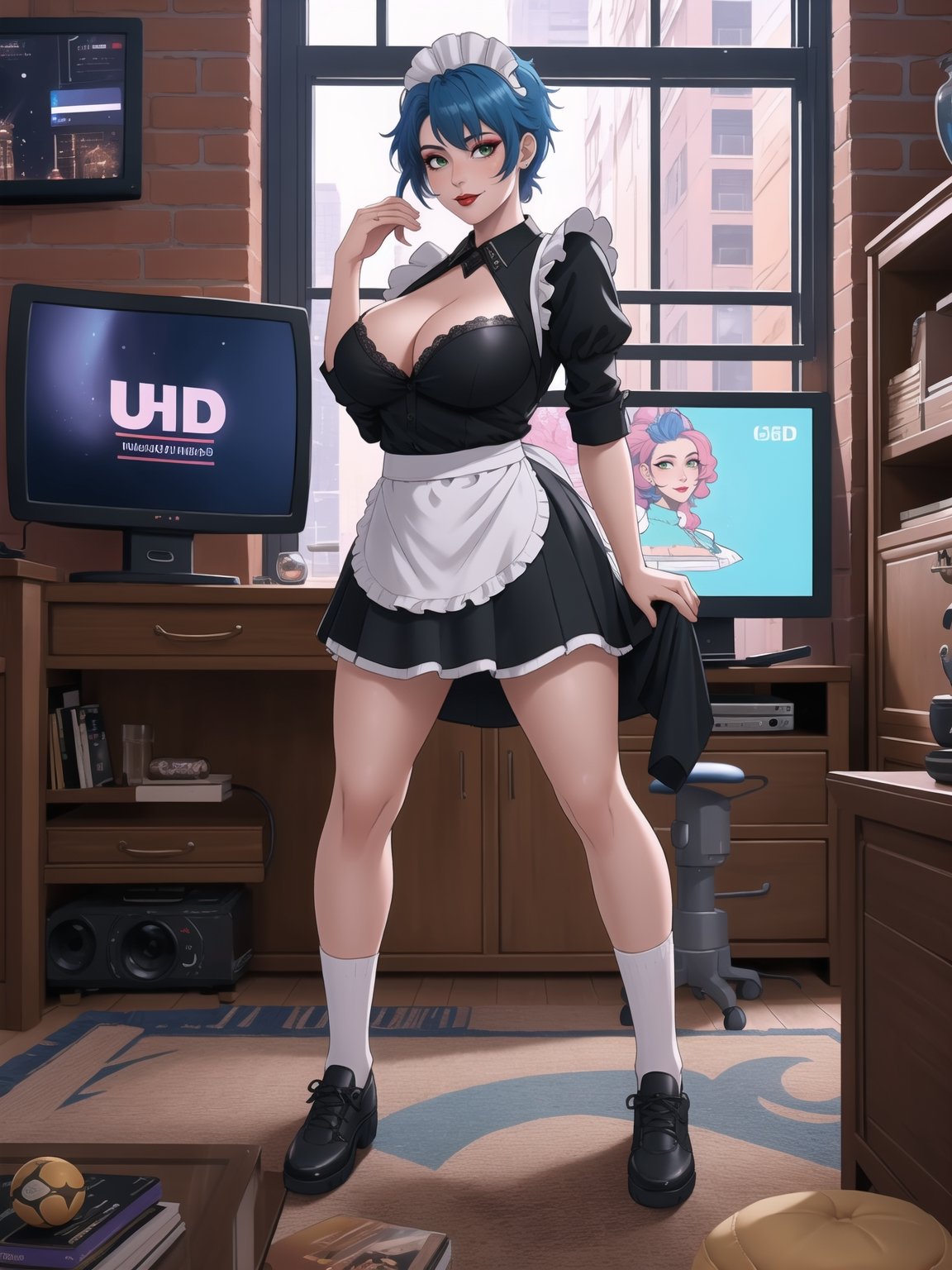 Solo woman, wearing maid's costume, all black with white parts, very short white skirt, gigantic breasts, mohawk hair, blue hair, messy hair, looking directly at the viewer, she is in a very large apartment, with furniture, computers, plasma TV, bed, glass table, chair, window, instant, 16k, UHD, best possible quality, ultra detailed,  best possible resolution, Unreal Engine 5, professional photography, she's, ((sensual pose with interaction and leaning on anything+object+on something+leaning against+full body)), More detail, better_hands,