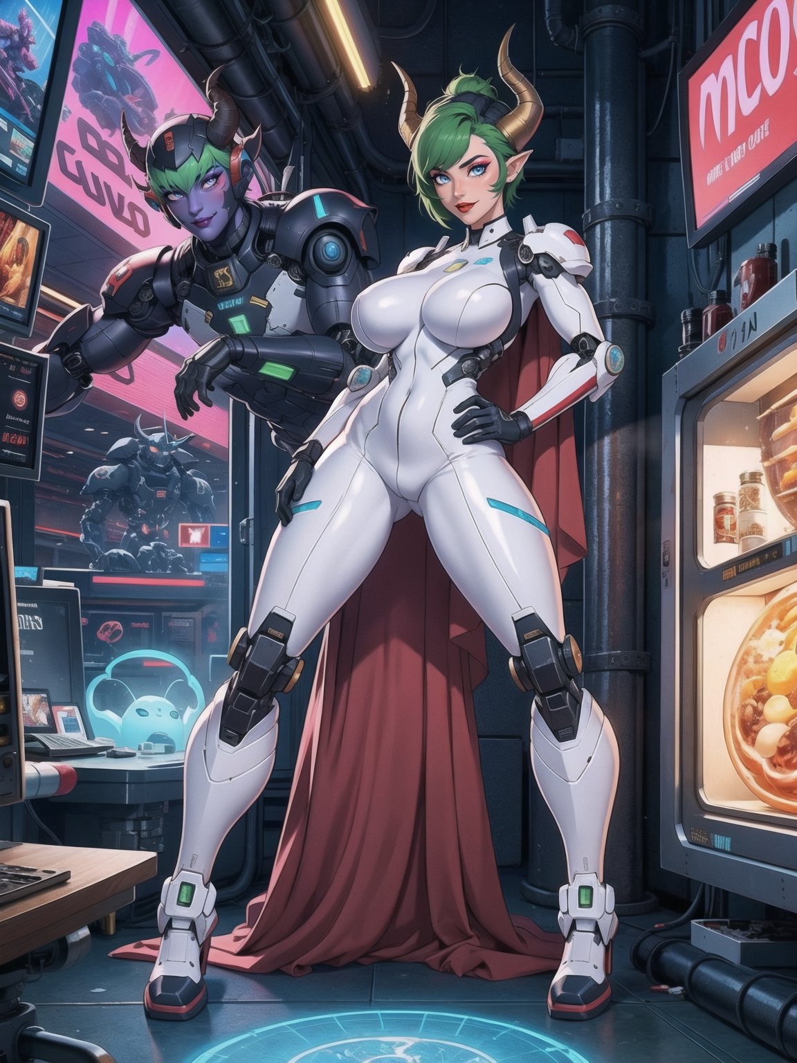 (A demon woman),  wearing mecha+cybernetic armor+latex suit+all-white suit with red parts,  costumes with lights attached...