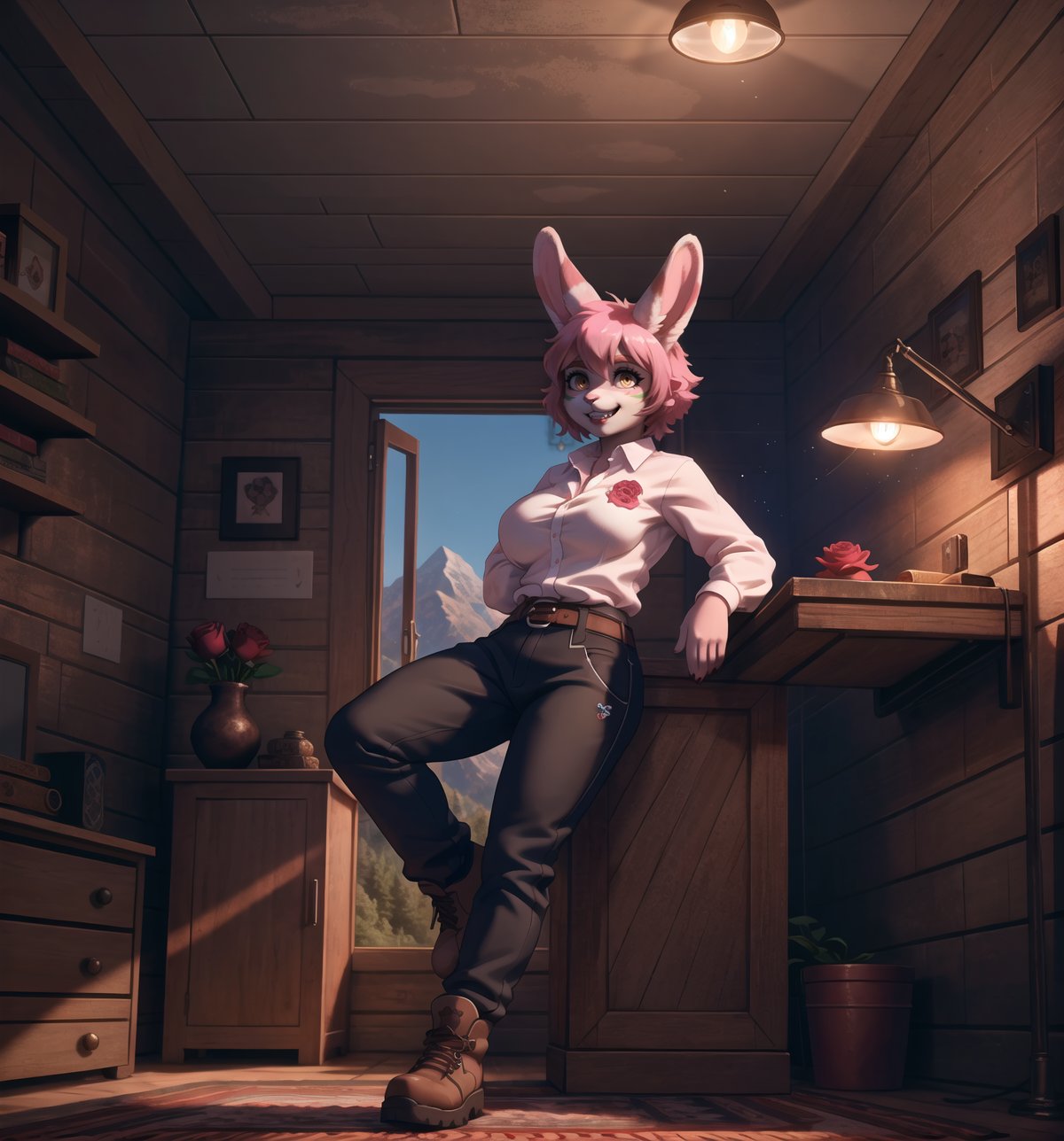 An adventure and exploration masterpiece, rendered in ultra-detailed 8K with vibrant, realistic details. | Rose, a young 23-year-old rabbit woman with ((green fur)), is dressed in a climbing outfit consisting of a long-sleeved shirt, sweatpants, mountain boots, gloves, a belt with pockets, rope and a helmet. Her ((short pink hair)) is styled in a stylish modern cut with tousled braids. ((She has golden eyes, looking at the viewer while smiling and showing her teeth)), wearing red lipstick. It is located in a macabre, dark cave, with rock, wooden and metal structures. The treasure chests and lamps on the walls add to the mysterious and spooky atmosphere of the place. The light from the lamps illuminates the room, creating ominous shadows on the walls. | The image highlights Rose's athletic figure and the architectural elements of the macabre cave. The rock, wooden and metal structures, along with the treasure chests and lamps on the walls, create a mysterious and frightening environment. The ominous shadows on the walls highlight the tension and fear in the scene. | Soft, shadowy lighting effects create a tense, fear-filled atmosphere, while rough, detailed textures on structures and clothing add realism to the image. | A terrifying scene of a young rabbit woman explorer in a macabre cave, exploring themes of adventure, exploration and fear. | (((The image reveals a full-body shot as Rose assumes a sensual pose, engagingly leaning against a structure within the scene in an exciting manner. She takes on a sensual pose as she interacts, boldly leaning on a structure, leaning back and boldly throwing herself onto the structure, reclining back in an exhilarating way.))). | ((((full-body shot)))), ((perfect pose)), ((perfect arms):1.2), ((perfect limbs, perfect fingers, better hands, perfect hands, hands)), ((perfect legs, perfect feet):1.2), ((huge breasts)), ((perfect design)), ((perfect composition)), ((very detailed scene, very detailed background, perfect layout, correct imperfections)), Enhance, Ultra details++, More Detail, poakl