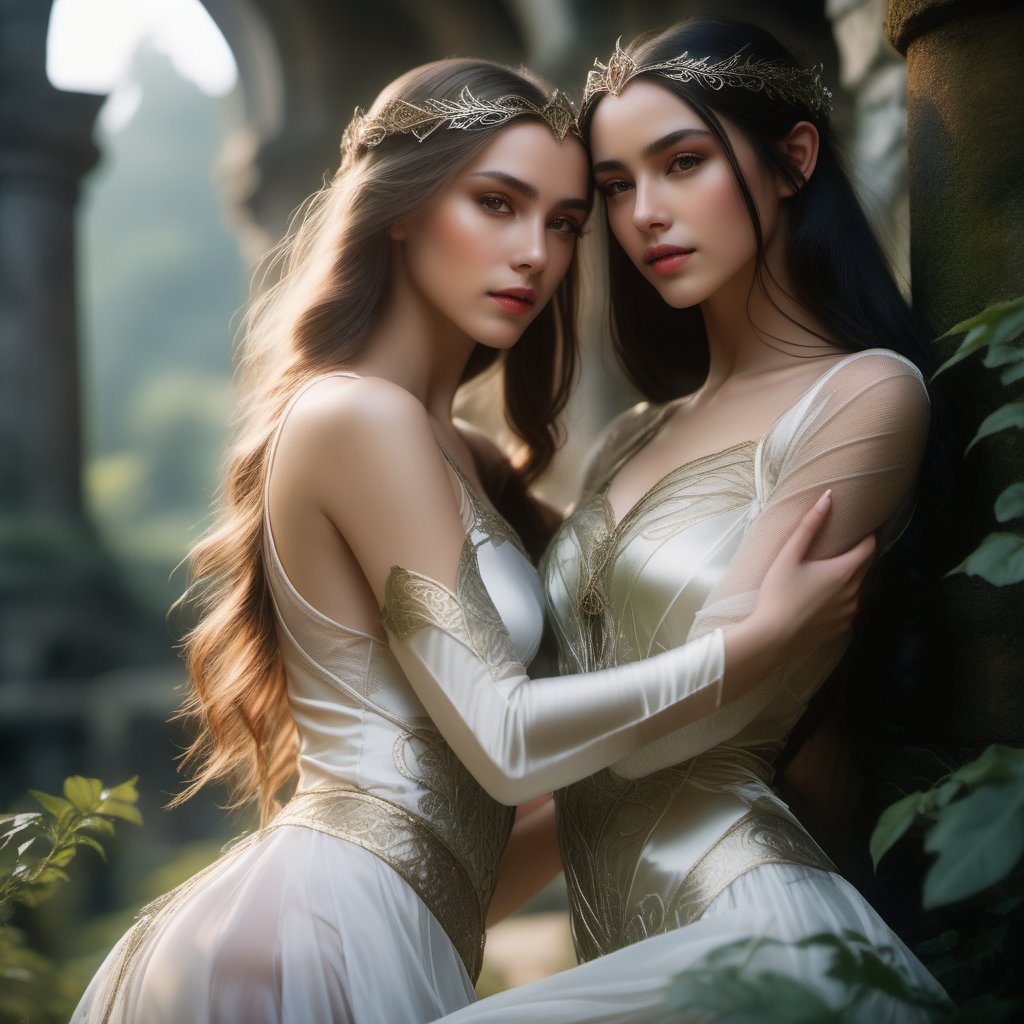 two 18 year old elven women with delicate hugging each other, shiny skin, translucent wrapped white silk clothes, filigree silk stockings, (epic fantasy background with overgrown ruins), detailed background, red eyes, close-up, amazing fine detail, RAW photo, Nikon D850 film stock photograph Kodak Portra 400 camera f1.6 lens, rich colors, lifelike texture, dramatic lighting, unreal engine, trending on ArtStation, cinestill 800 tungsten