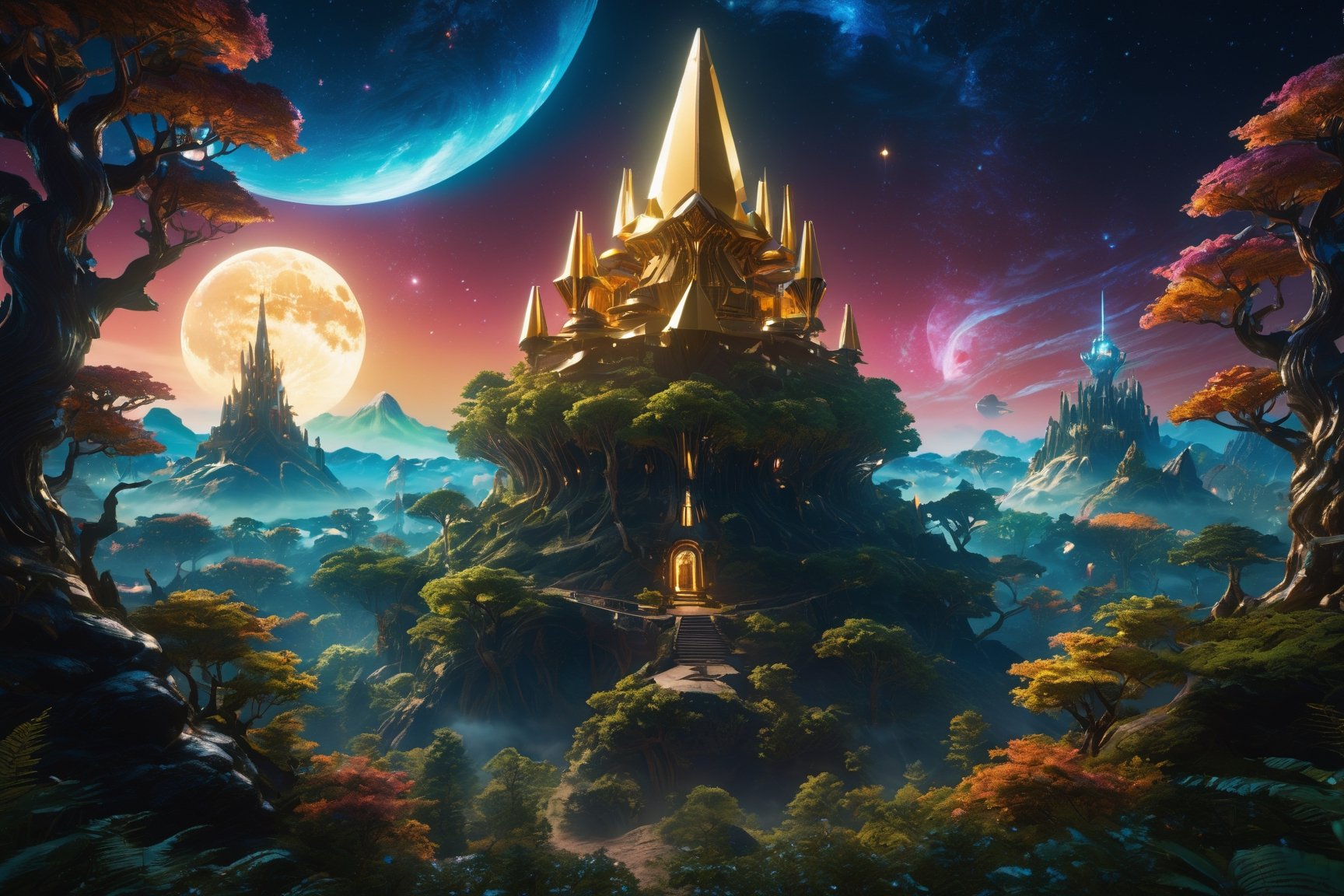 (delicate, masterpiece, colourful, finely detailed, intricate details:1.4),  Unreal Engine,  majestic,  moonlight,  night, aurora,  (forest with tree of the world:1.3),  (floating island on sky),  soft colors,  fantasy starry skies,  future style illustration,  shiny,  huge black Pyramid,  gas giant background,  mecha, 
 fluorescence mushroom,  Renaissance Sci-Fi Fantasy,mecha