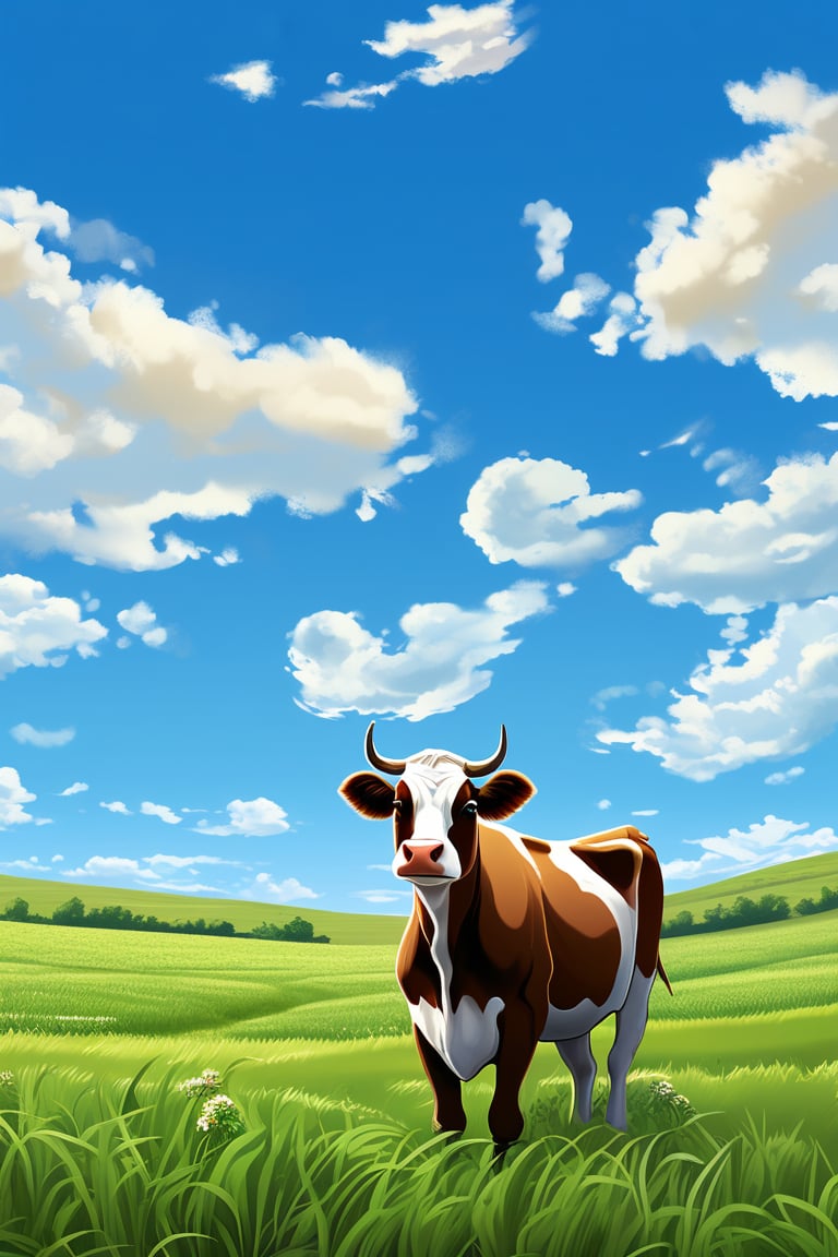 a cow grazing in a crop circle, green grass, deep blue sky with white fluffy clouds —ar 2:3 —stylize 250 —v 6.1