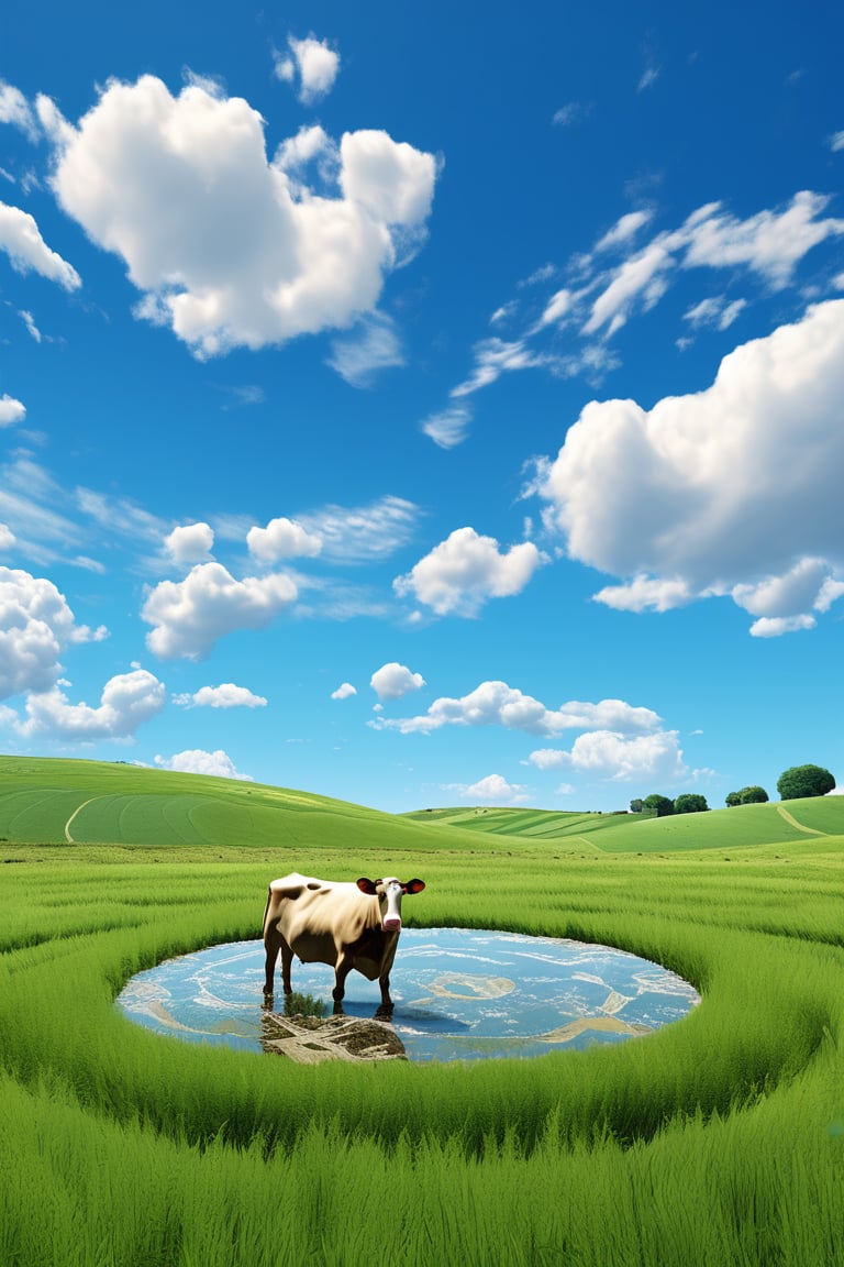 a cow grazing in a crop circle, green grass, deep blue sky with white fluffy clouds —ar 2:3 —stylize 250 —v 6.1