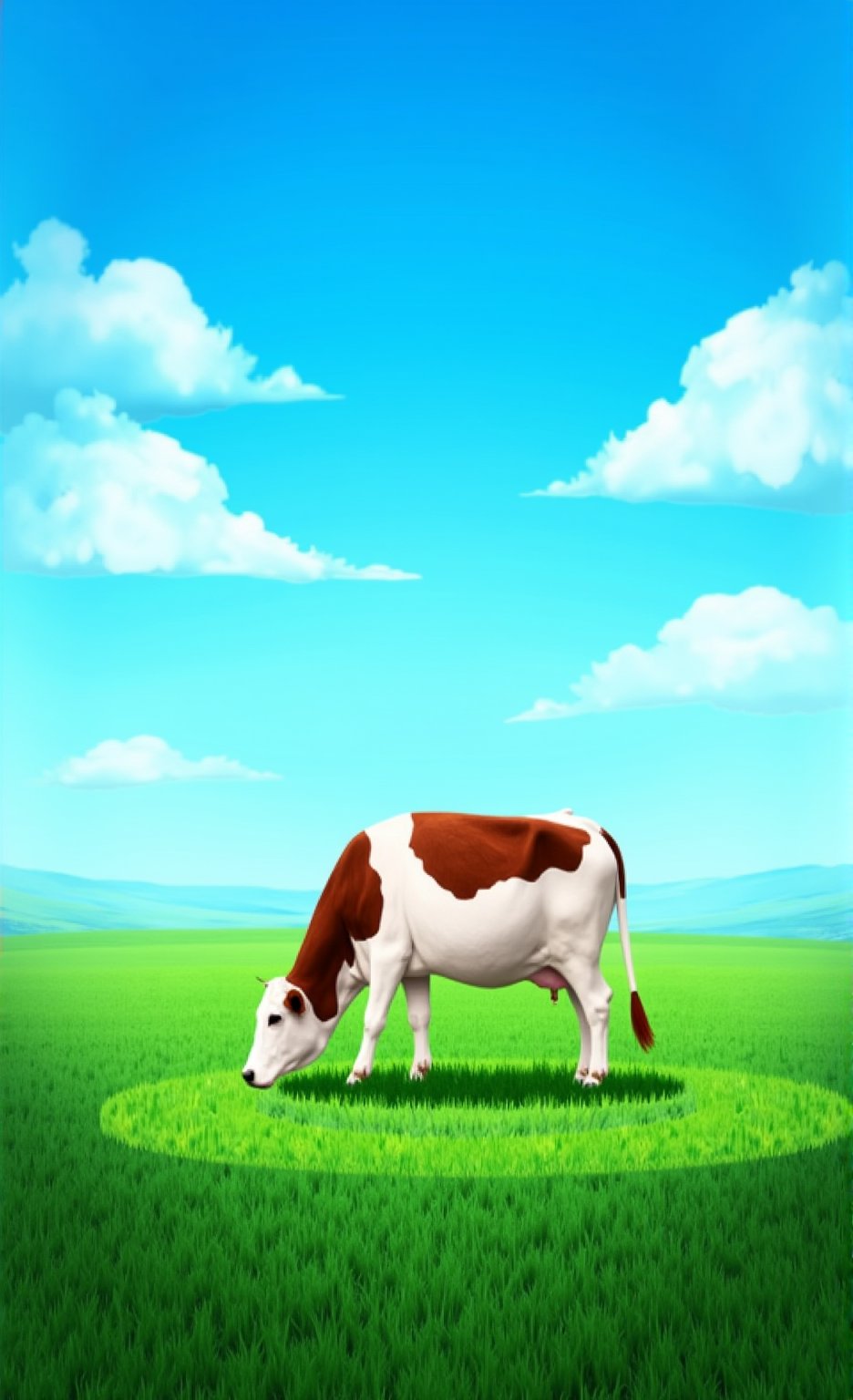 a cow grazing in a crop circle, green grass, deep blue sky with white fluffy clouds —ar 2:3 —stylize 250 —v 6.1