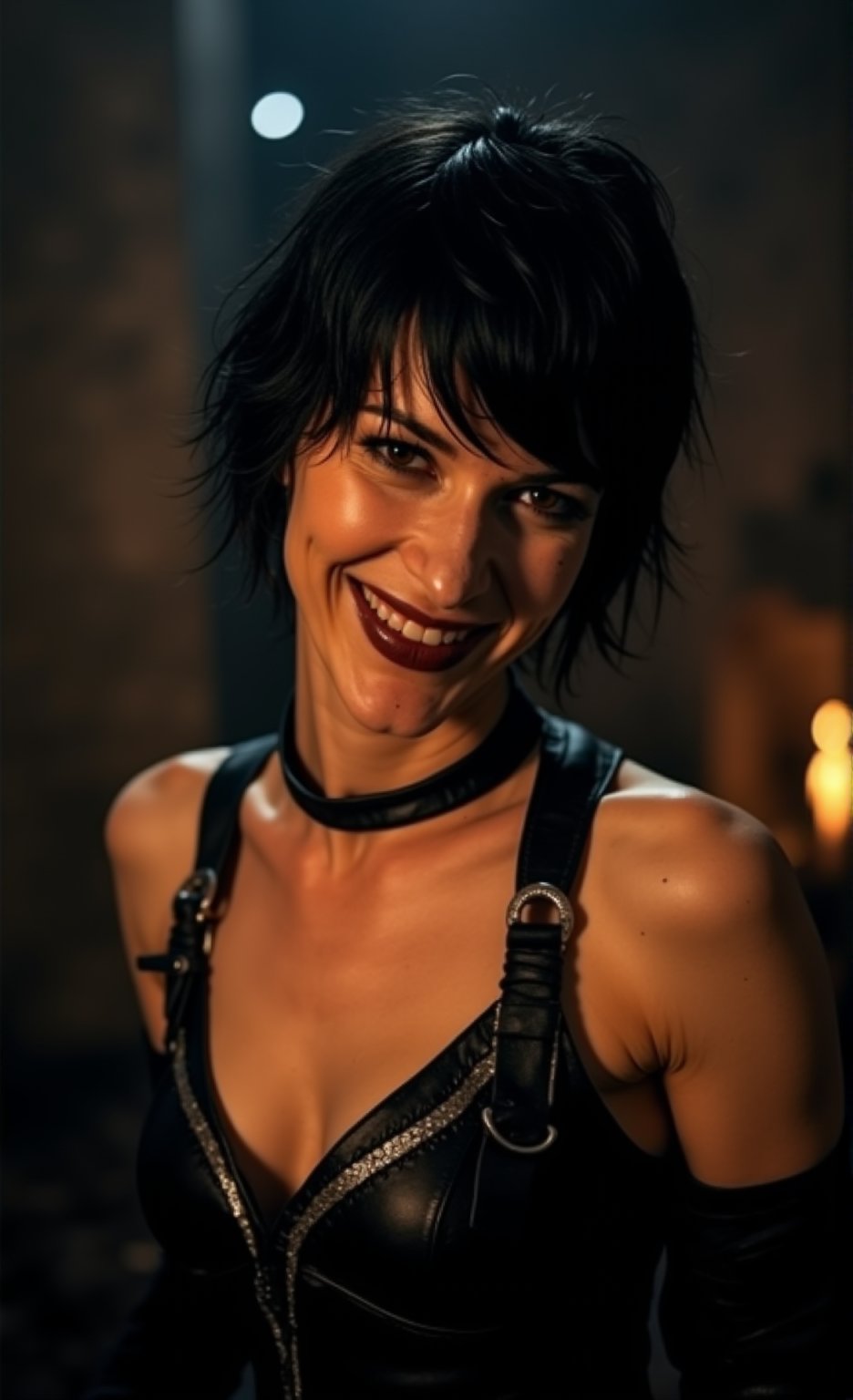 A close-up portrait photo of a young woman with warm olive skin and short, tousled black hair, tilting her head forward slightly with a sly, dangerous smile. Her dark eyes are sharp and mysterious, with flecks of silver, and her lips are painted in a deep wine-red shade. She wears a sleek, black leather chest piece that fits snugly around her chest, accentuating her generous décolleté, with delicate silver daggers strapped across her shoulders. The background is softly blurred, revealing faint outlines of shadowy ruins, flickering torches, and the glint of moonlight, capturing the enigmatic allure of a stealthy assassin.