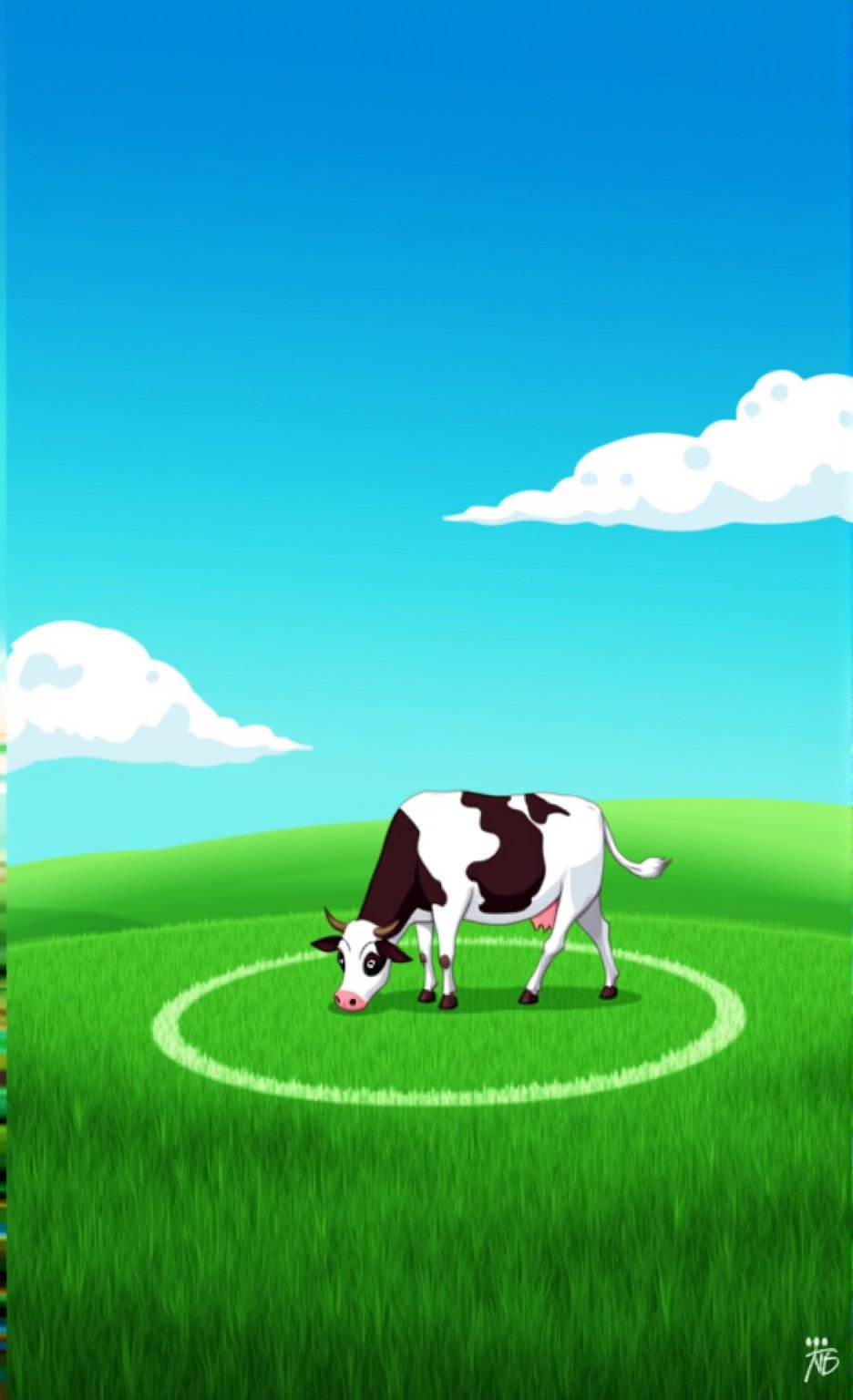 a cow grazing in a crop circle, green grass, deep blue sky with white fluffy clouds —ar 2:3 —stylize 250 —v 6.1