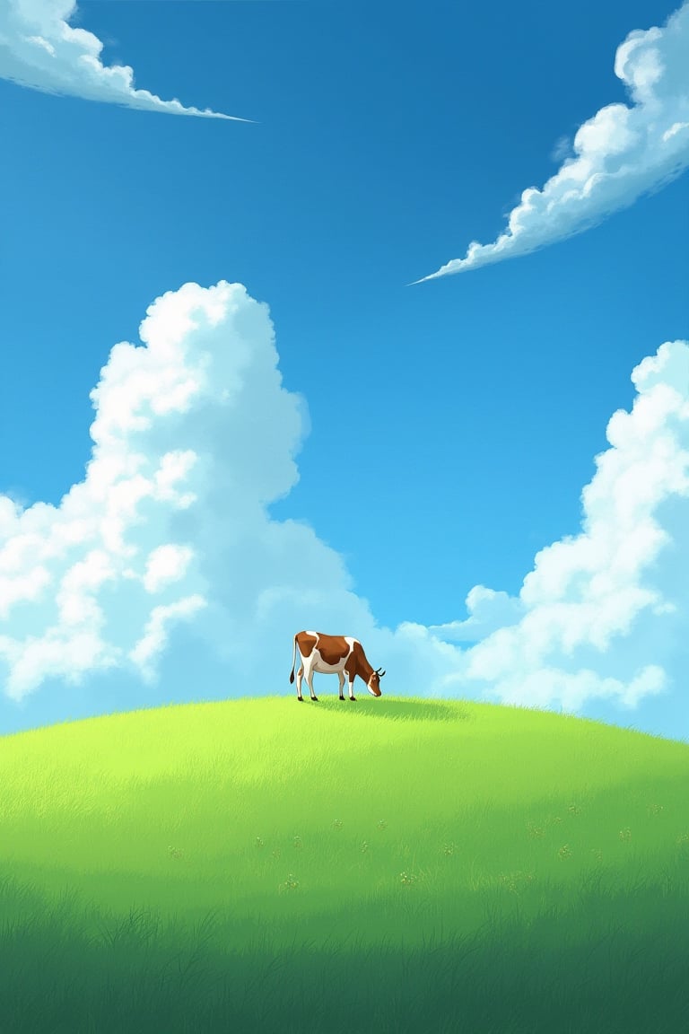 a cow grazing in a crop circle, green grass, deep blue sky with white fluffy clouds —ar 2:3 —stylize 250 —v 6.1