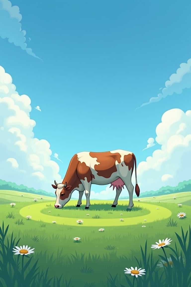 a cow grazing in a crop circle, green grass, deep blue sky with white fluffy clouds —ar 2:3 —stylize 250 —v 6.1