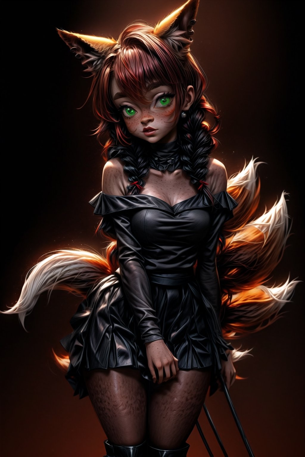 1girl, solo, orange hair, green eyes, fluffy, foxy, fluffy tail, fox tail, fox ears, (freckles:1.3), (round eyebrows:1.1), (twin braids:1.3), bangs, off-the-shoulder sweater, (long skirt:1.3), (black skirt:1.1), pleated skirt, lace-up boots, ribbons in hairstyle, full height, looks straight, (standing:1.2), ((no human ears)), (1tail:1.4), high-weist skirt