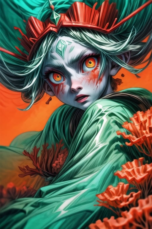 surreal god of miseries, blood and corals, with bleeding pale skin and one vertical shining eye. the head is full of coral grows everywhere but the eye, green skin, bright orange eyes, heavy gaze