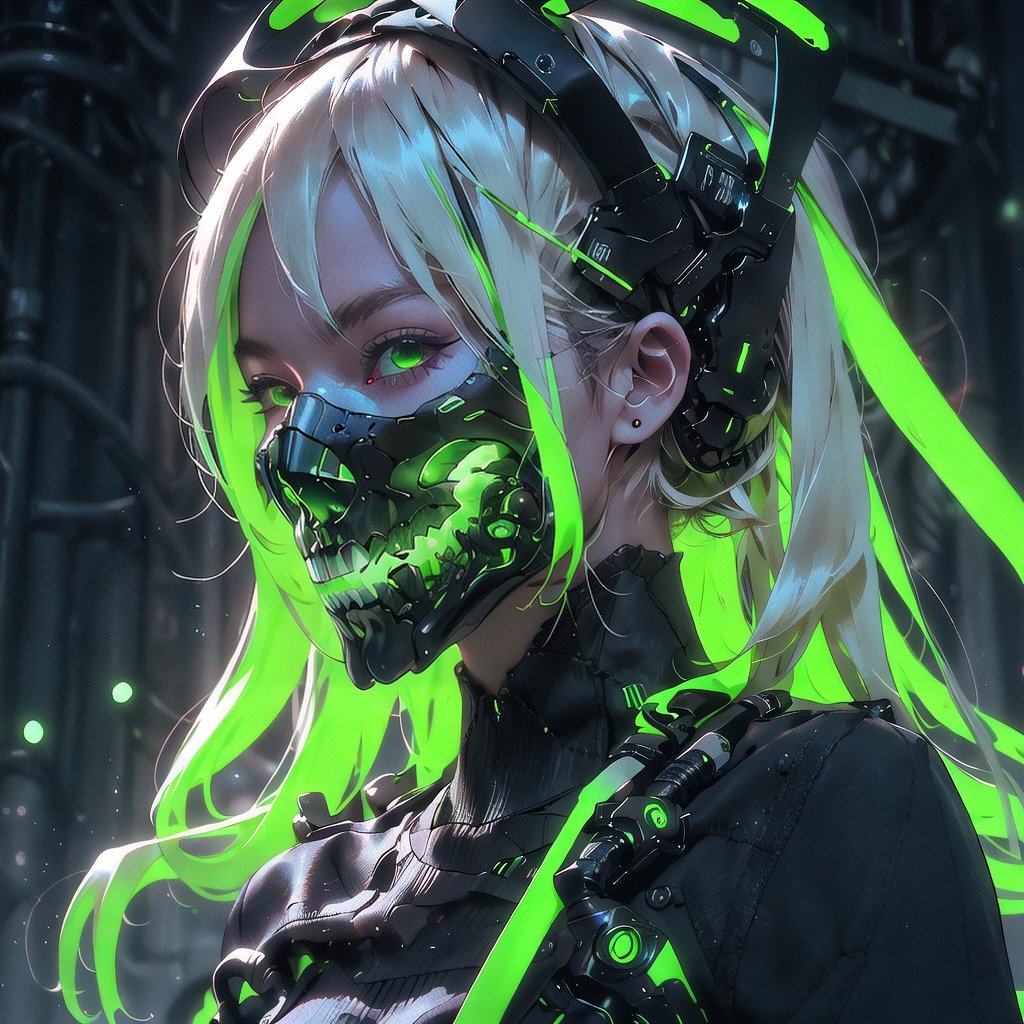 , halloweentech , scifi,  supernatural green, spooky,hatsune miku, cowboy shot, glowing hair ,PachaMeme