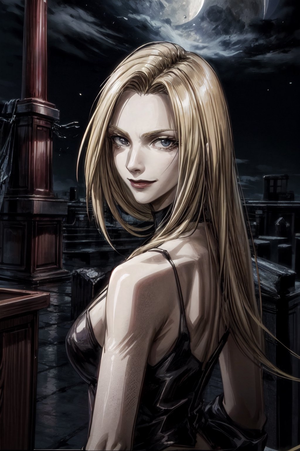 Trish, facial portrait, sexy stare, smirked, graveyard, cloudy sky, lightning, full moon, bats flying 