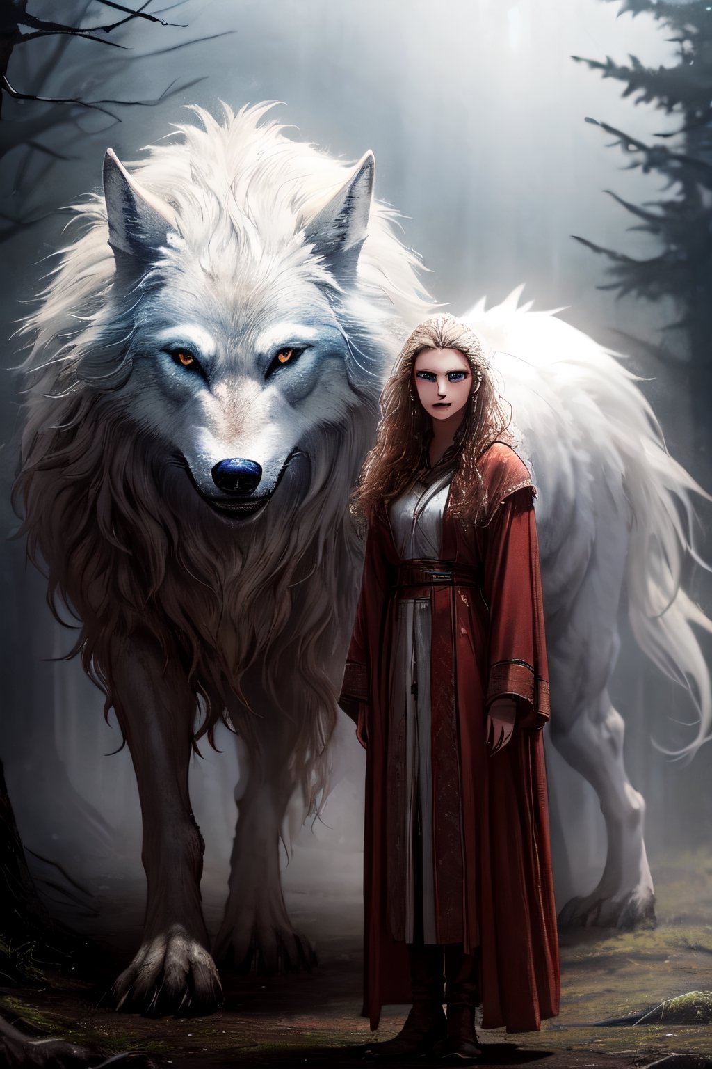 Wolf and girl, Standing next to each other, forest, cloudy sky, mist, 