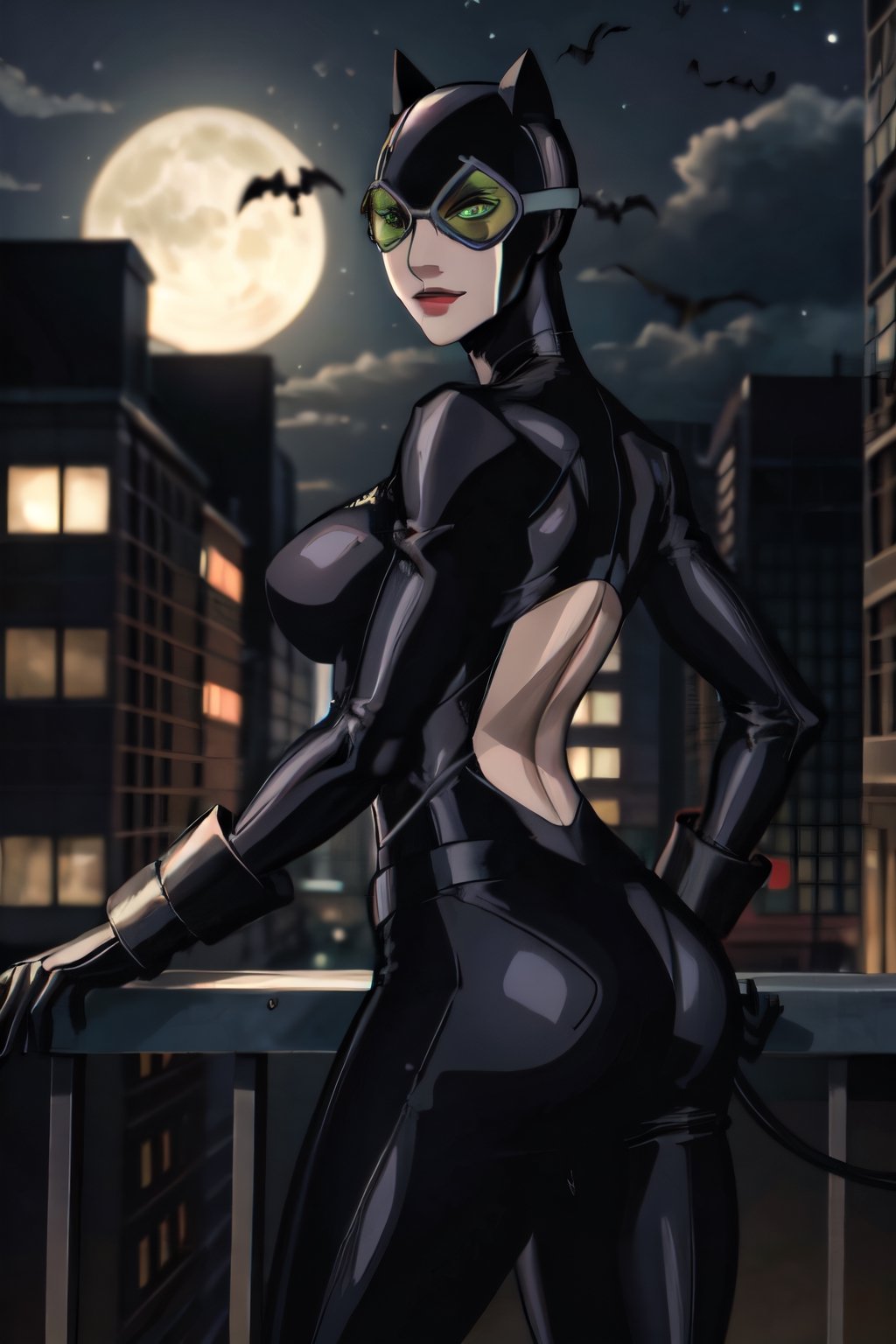 CARTOON_catwoman_masked_ownwaifu, facial portrait, sexy stare, smirked, on top of building, cloudy sky, full moon, streets below, bats flying, butt shot 